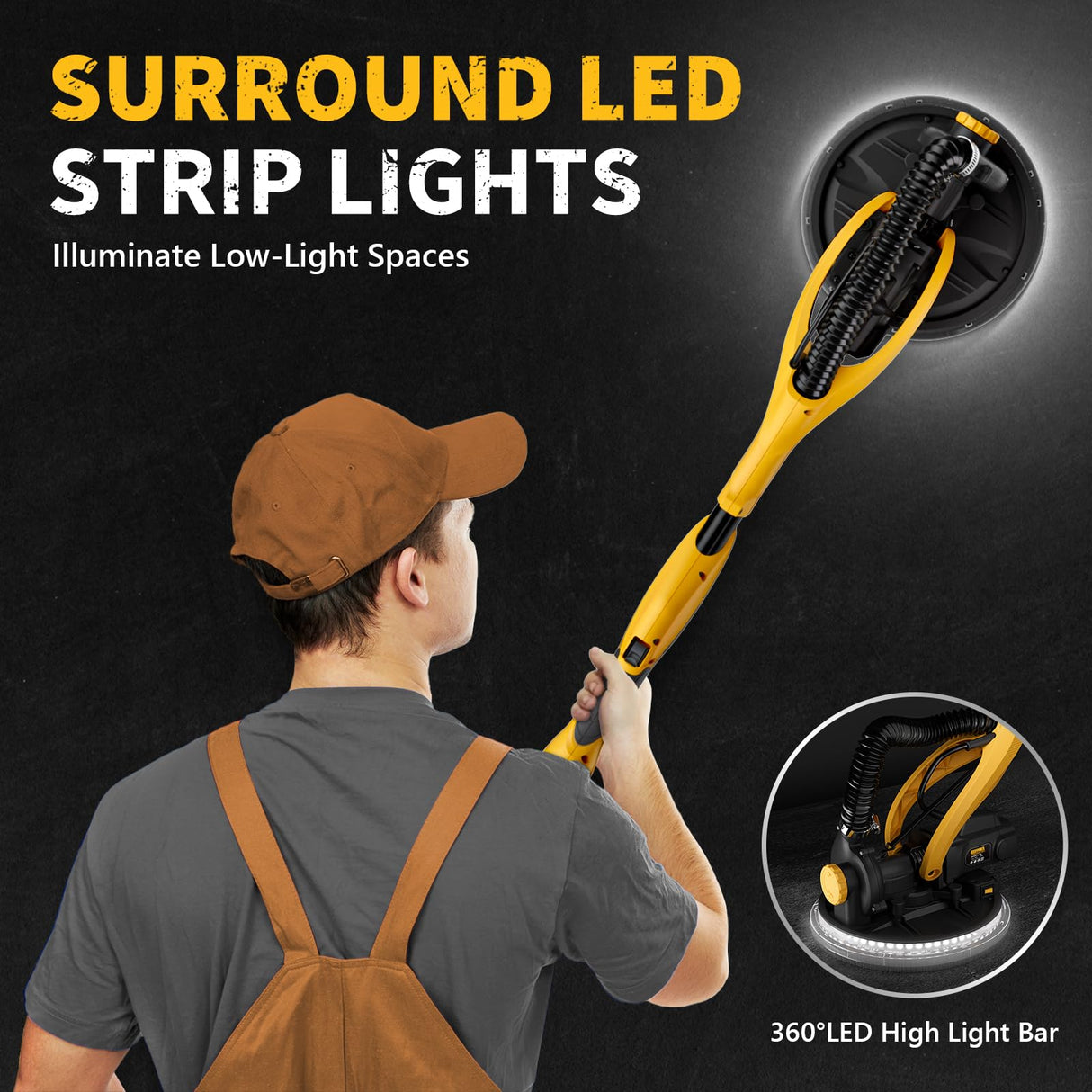 Drywall Sander, 1050W Electric Drywall Sander with Vacuum Dust Collection, 2100RPM Wall Sander with 7 Variable Speed, Foldable & Extendable Handle, Double-Deck LED Light, Dust Bag and Hose Alloyman