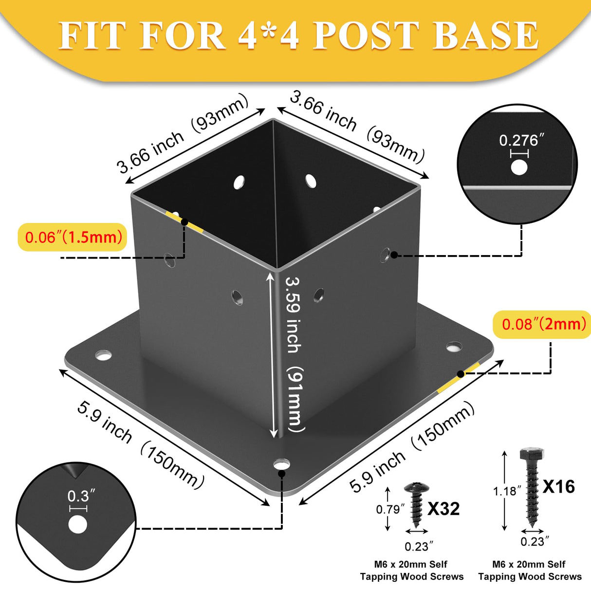 4x4 Post Base, 4Pcs Post Brackets (Inner Size 3.5"x3.5") Heavy Duty Steel Fence Post Anchor for Wood Deck Porch Railing Pergola Mailbox Support Black Powder-Coated FNXAOR