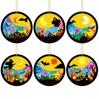 TENDFINE 24 Sets Halloween Night Suncatcher Craft Kit DIY Bat Ghost Tissue Sign Paper Art Craft Activity Halloween Ornament Home Classroom Window Decoration