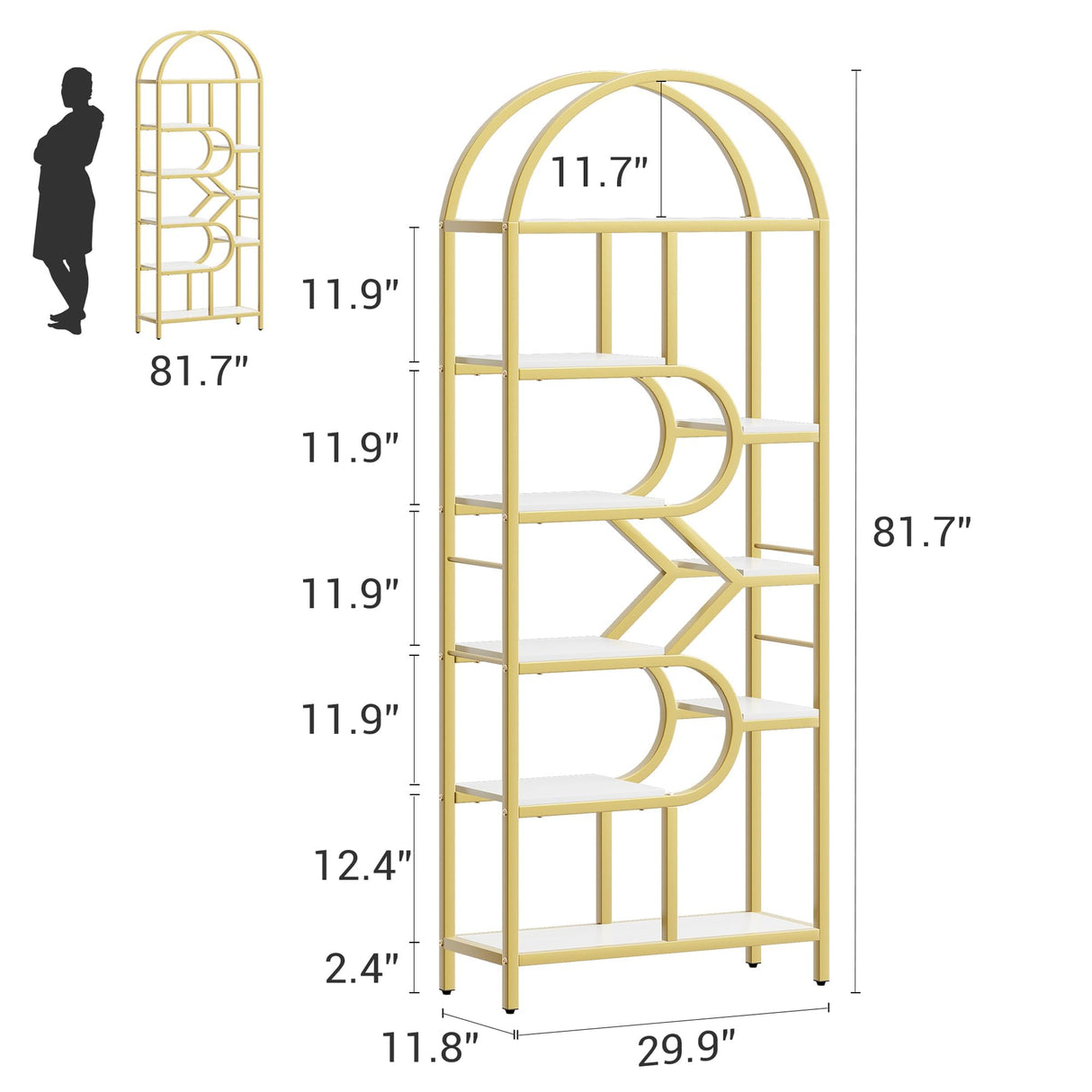 Garvee Bookshelf 6 Tier Arched, Bookcase 82 in Tall Display Racks, Geometric Open Storage Shelf, Book Rack Metal Frame Large Modern Bookshelf for, Living Room, Home, Office, Gold+White Garvee