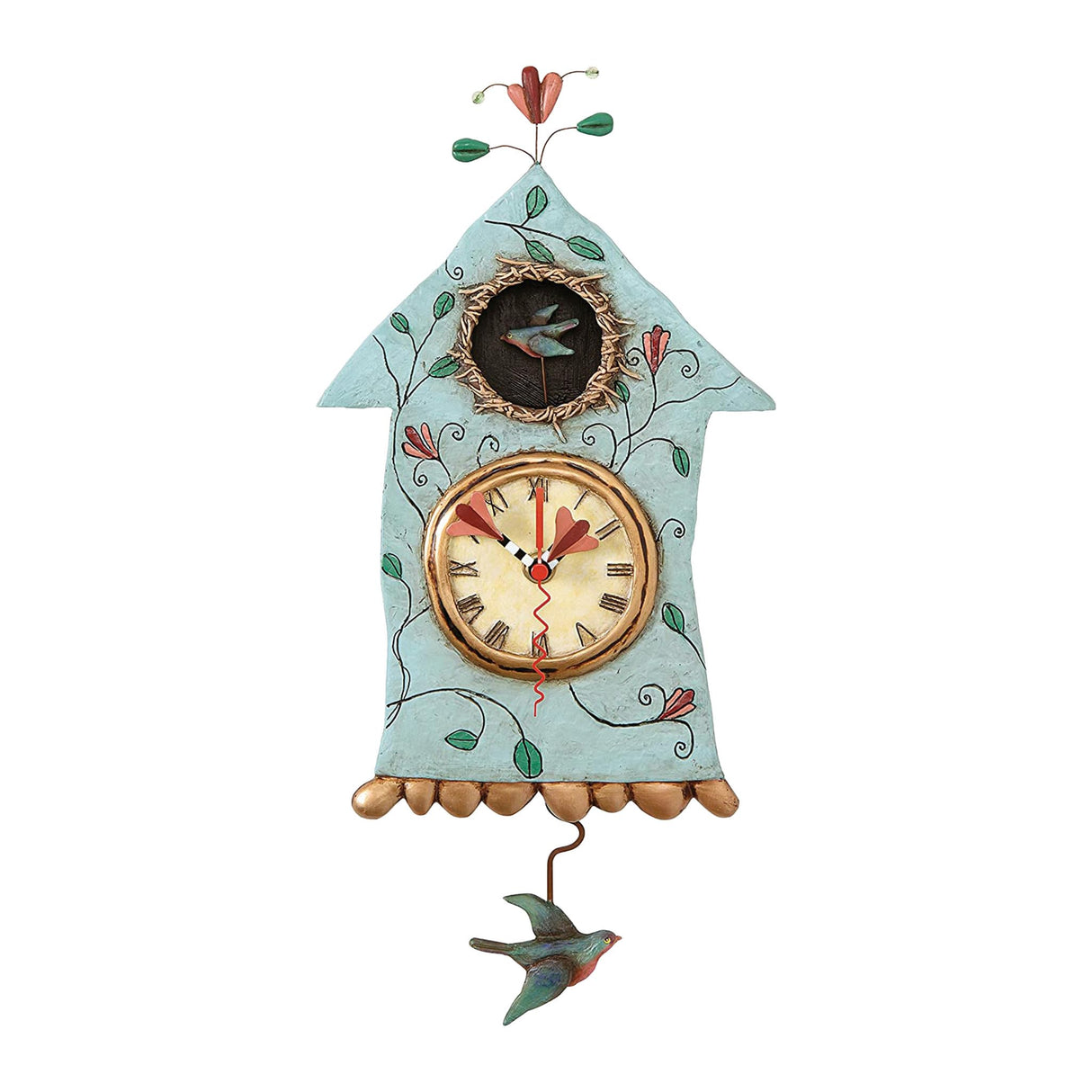 Enesco Allen Designs Birdhouse with Flowers Cuckoo Wall Clock - Battery Operated Pendulum Analog Clock, Stone Resin Decorative Clocks for Walls Home Decor Kitchen Clocks, 14.9 Inch Enesco