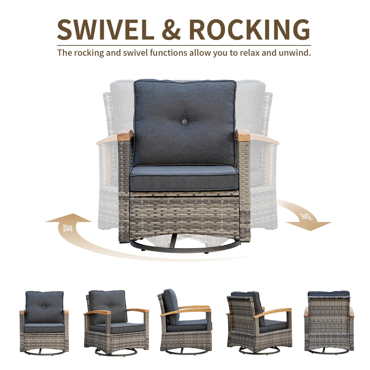 MEISSALIVVE 3 Pieces Outdoor Swivel Rocker, Patio Furniture Bistro Set with 360° Wood Armrests Swivel Rocking Chairs and Side Table for Porch,Deck,Balcony(Grey/Blue) MEISSALIVVE