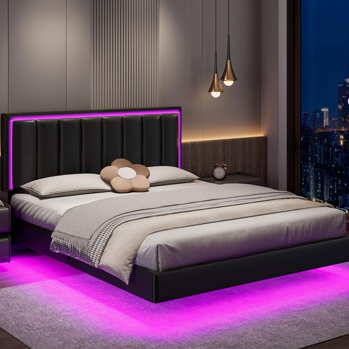 IMMERSTABLE Floating Full Bed Frame with LED Lights, Upholstered Bed Frame Full with Headboard, Solid Wood Slats Support, Full Size Bed Frame No Box Spring Needed, Noise-Free, Easy Assembly, Black IMMERSTABLE