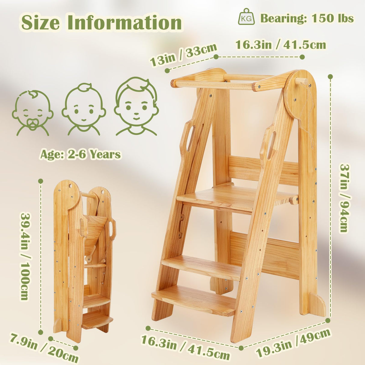 FUNLIO Foldable Kitchen Step Stool with Safety Rails, 3-Level Height Adjustable Toddler Tower for Kids 2-6 Years, Montessori Child Standing Tower for Learning, Easy to Assemble, CPC Approved - Natural FUNLIO