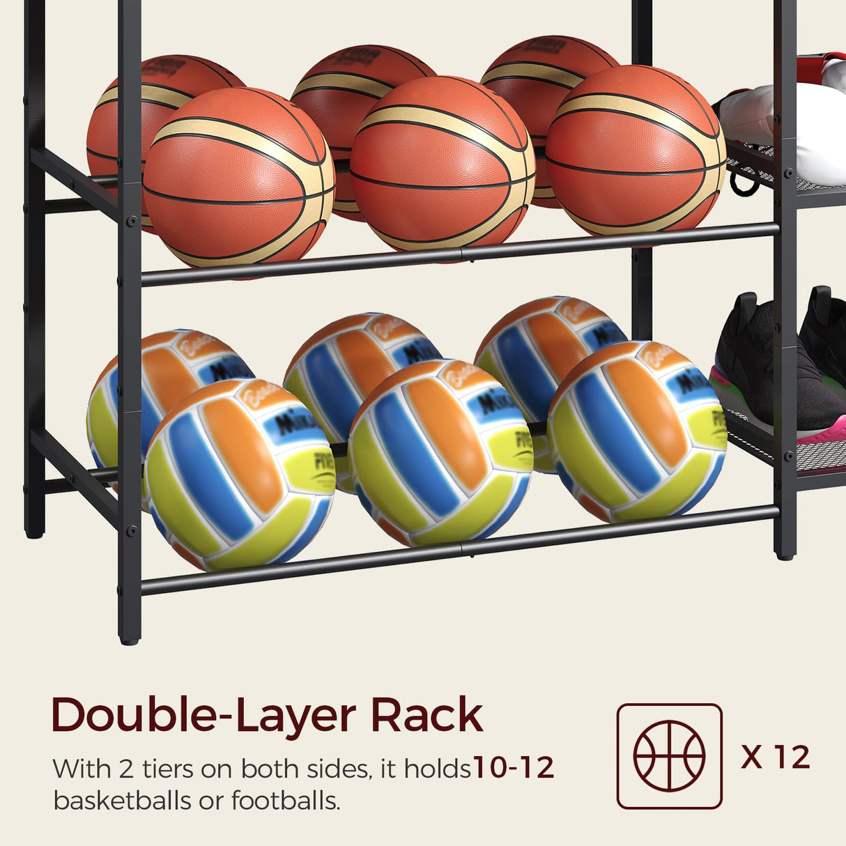 MAHANCRIS Sports Equipment Organizer, 3 Tier Ball Storage Rack with Baseball Bat Holder, Indoor & Outdoor Basketball Racks for Volleyball, Football, Garage Organizer with Sheleves, Black BEHR17301 MAHANCRIS