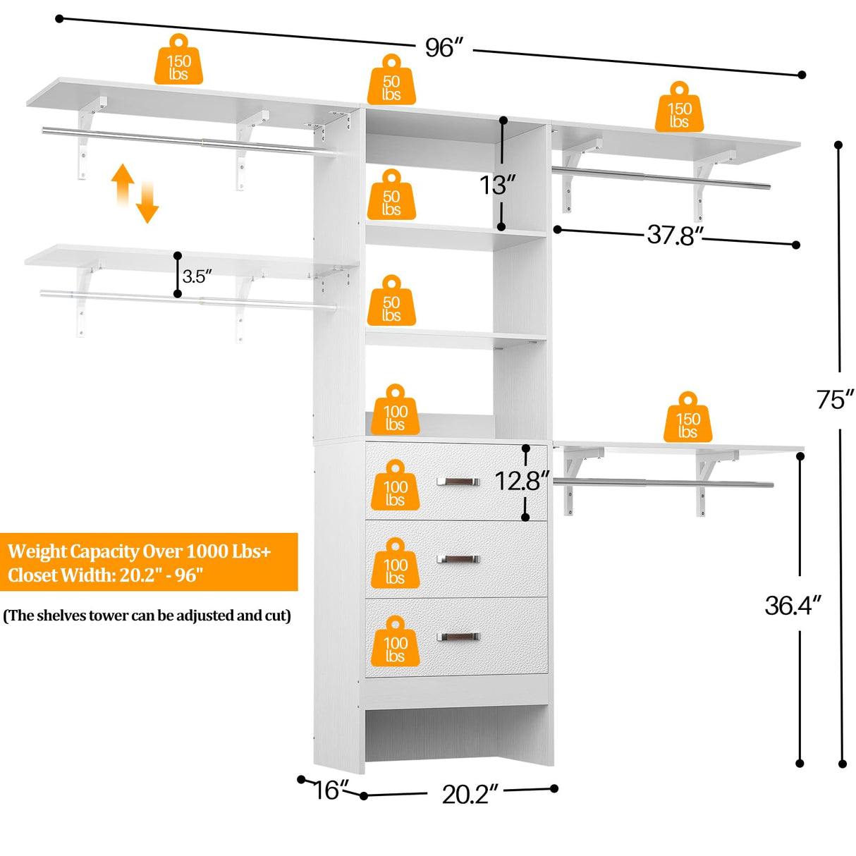 Besiost Closet System with Drawer - 8FT Wood Closet Organizer System with 3 Hanging Rods and Shelving Tower, 96" Walk In Closet Organizer Wardrobe, Heavy Duty Garment Rack Clothes Rack, White Besiost