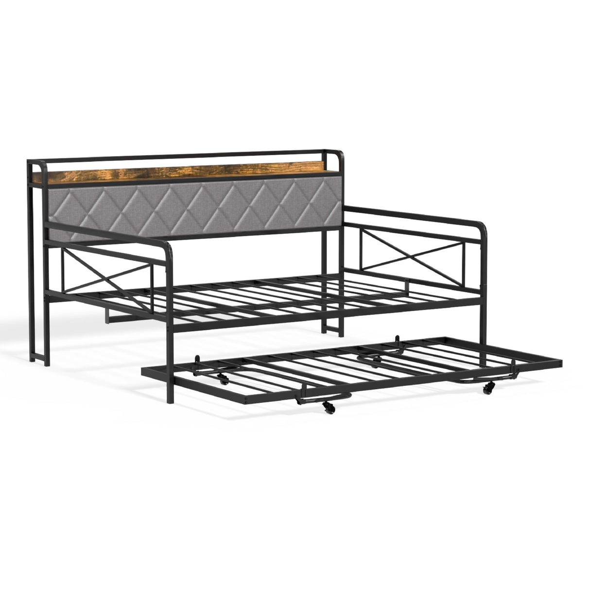 VINGLI Full Daybed with Trundle Bed, Upholstered Day Bed with LED Light & Charing Station, Sofa Bed Frame with Storage Headboard and Heavy Duty Metal Slats, for Living Room, Bedroom, Guest Room, Gray VINGLI