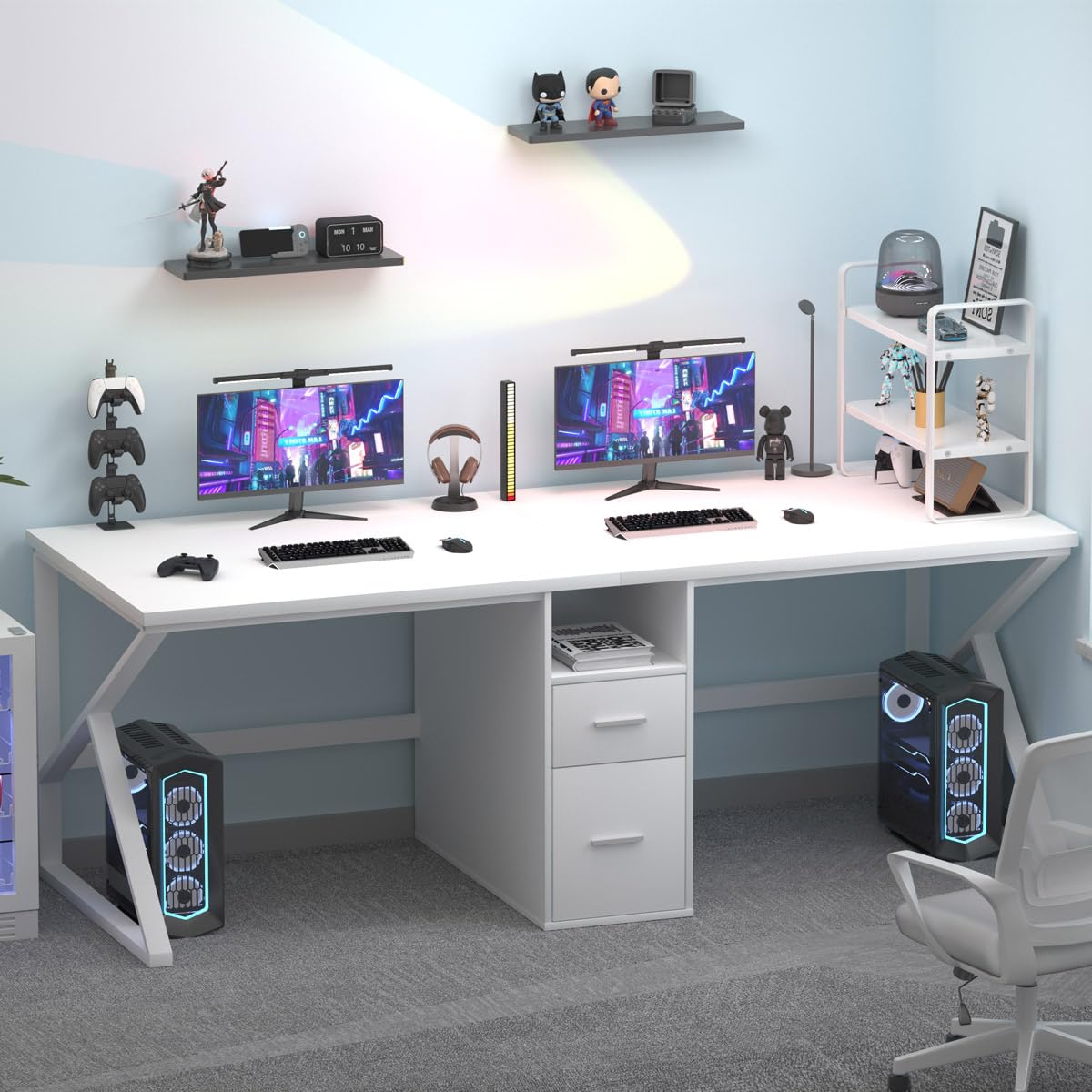 IBF White Two Person Computer Desk, Long Wood Writing Study Desk with File Drawer, Modern Large Dual Office Desk with Storage Cabinet Shelf, 2 Person Farmhouse Work Executive Double Computer Table, 79 IBF