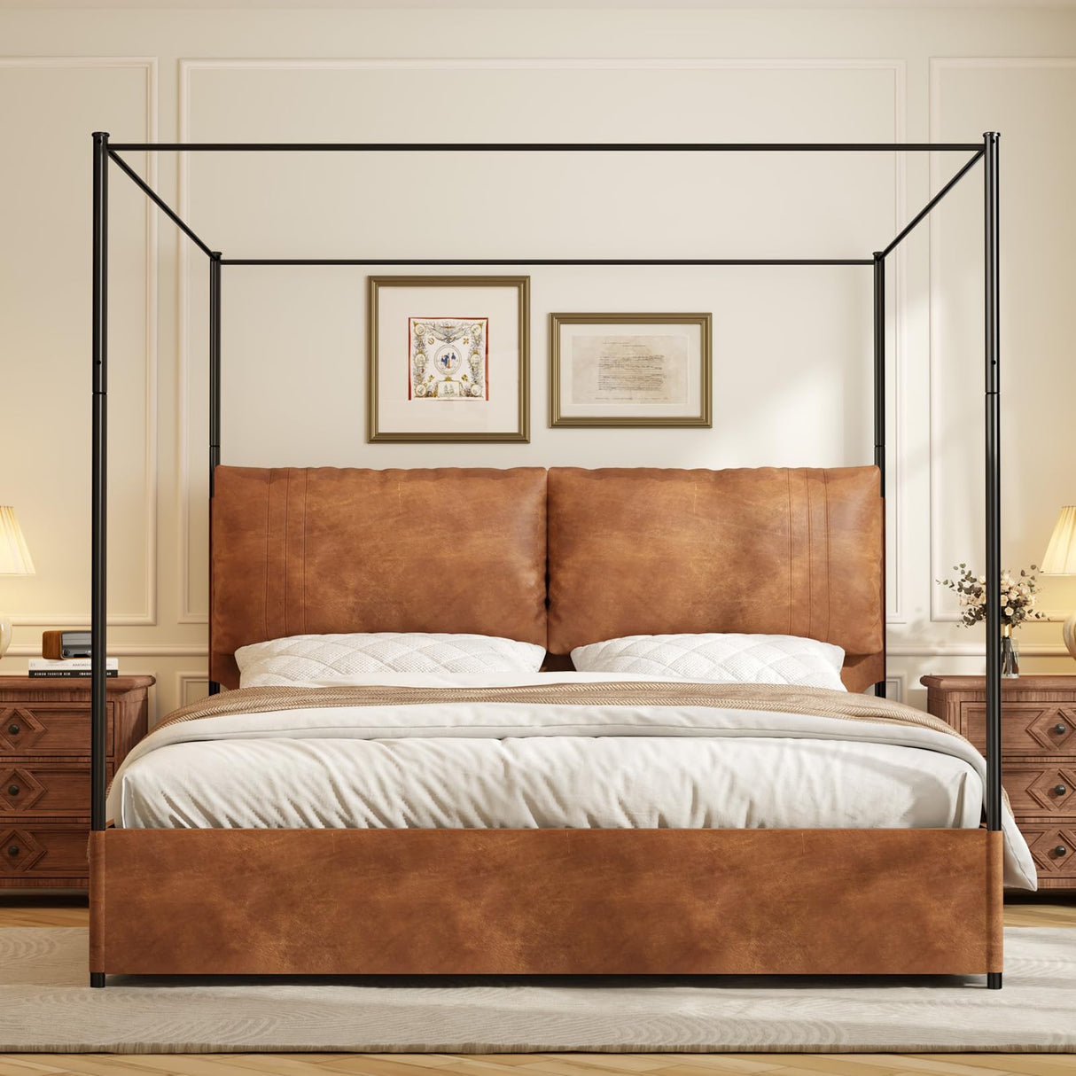 Modern Canopy Bed Frame with Upholstered Faux Leather Headboard – Tall Four Poster Metal Platform Bed, No Box Spring Needed, King Size, Brown and Black SAMTRA
