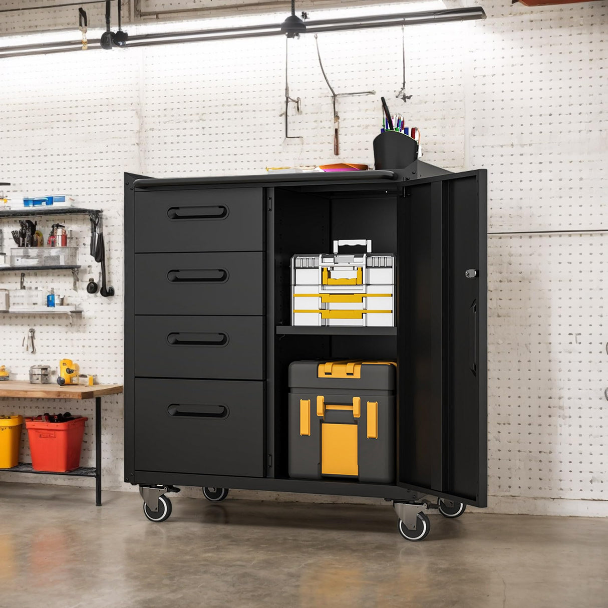 Anwick Metal Storage Cabinet with 4 Drawers and Adjustable Shelves, Rolling Garage Cabinets, Lockable Filing Cabinets for Home Office Basement (Black) Anwick