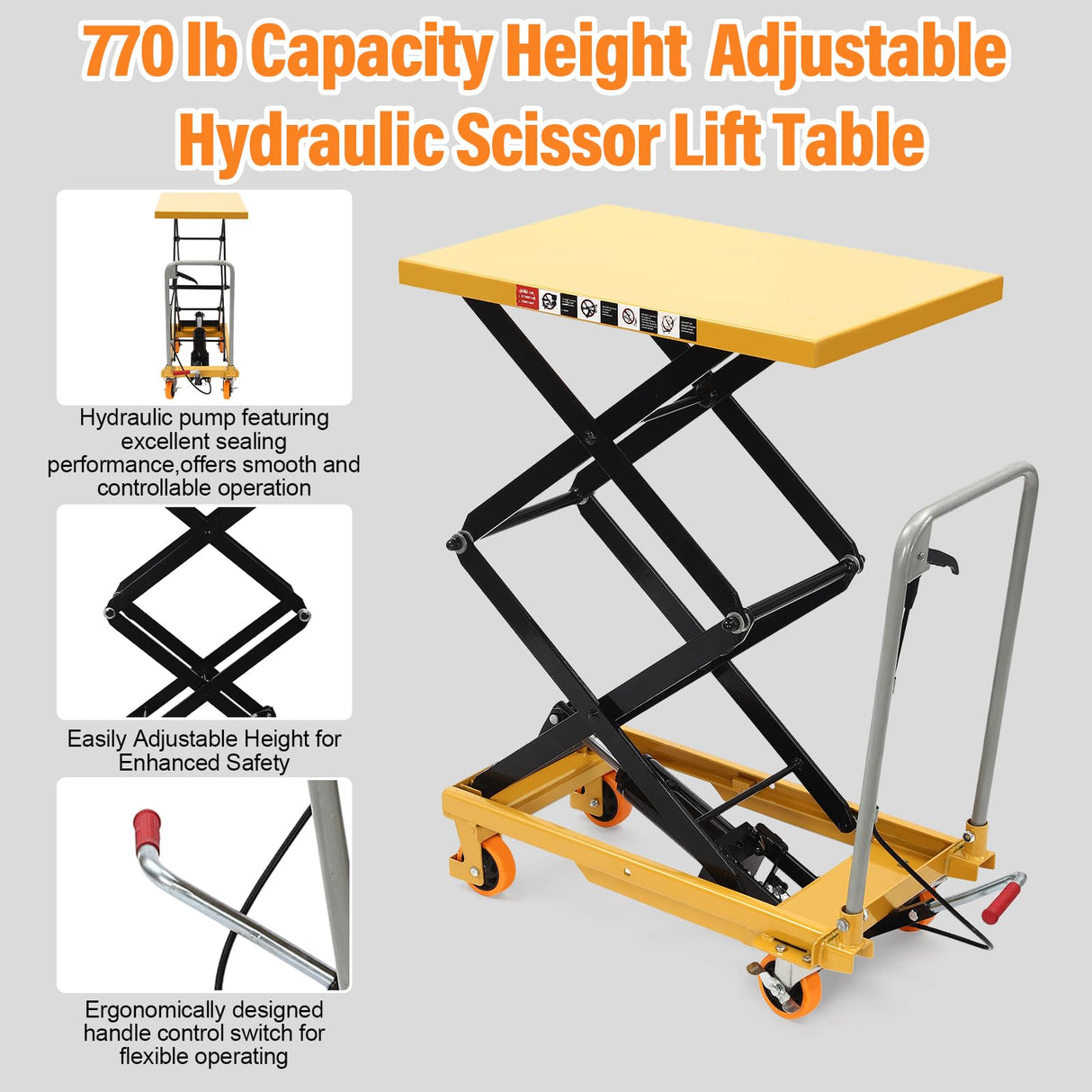 Lift Table Cart Hydraulic Double Scissor Hydraulic Lift Table 770lbs Capacity 51" Lifting Height, for Material Handling and Transportation Yellow (Double Scissor 51" Lifting) DNYSYSJ