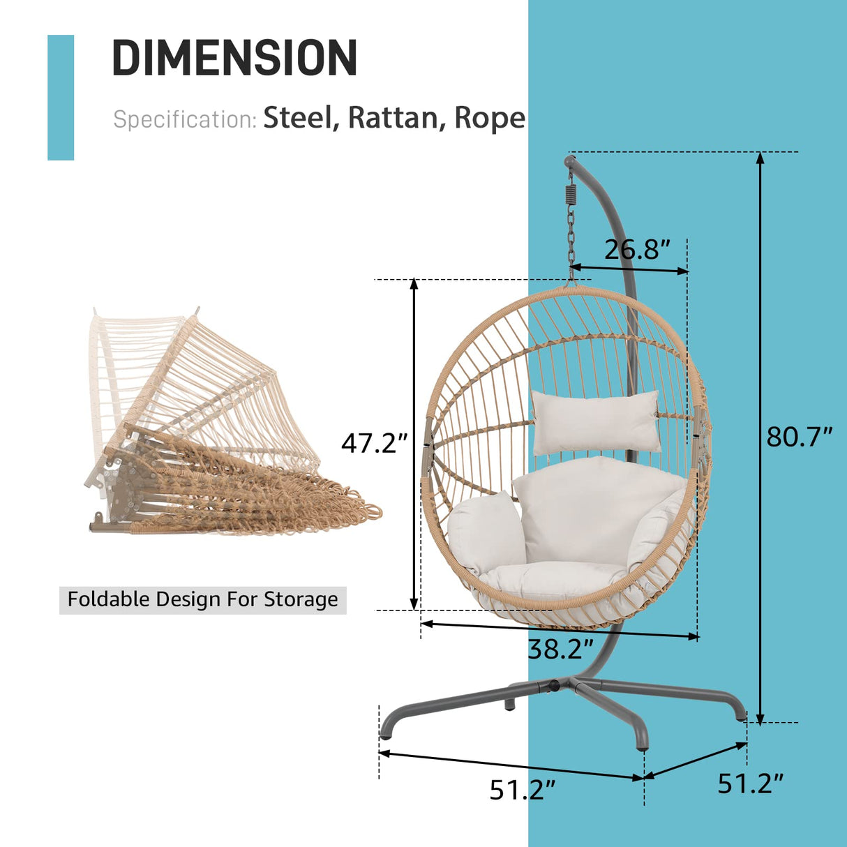 Patiorama Indoor Outdoor Egg Swing Chair with Stand, Oversized Cocoon-Shaped Rope Woven Hanging Chair, Cushion,Safety Strap,Patio Wicker Foldable Hammock Chair for Porch,Garden,Bedroom (Creamy White) Patiorama