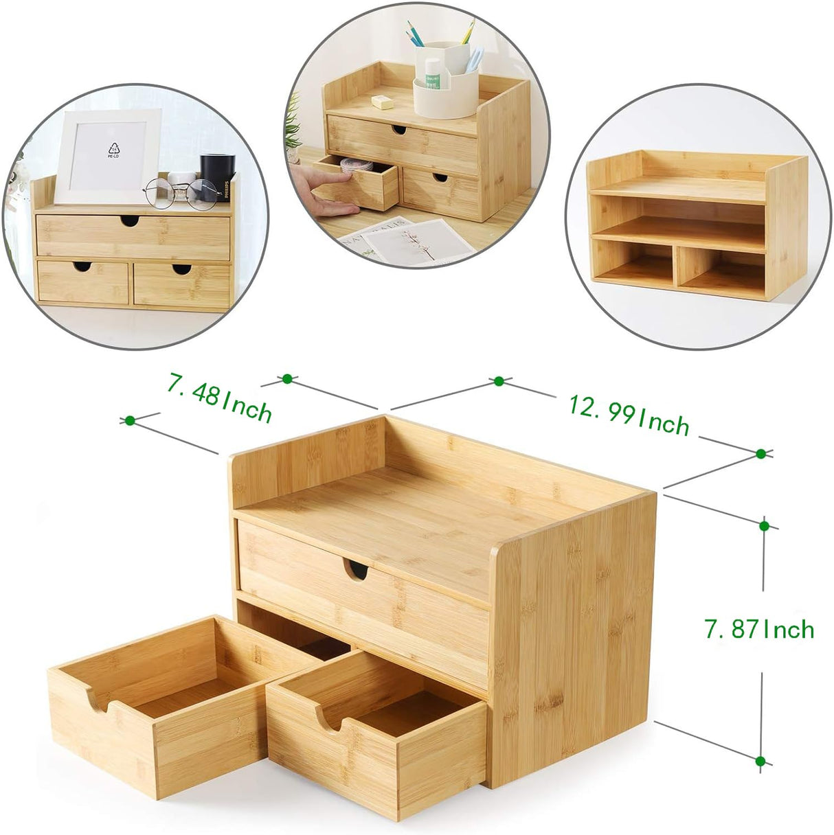 Wisuce Bamboo Desk Organizer, Mini Desktop Drawer Tabletop Storage Organization Box for Office Home Toiletries Supplies Vanity, No Assembly Required (3 Drawer with Shelf) Wisuce