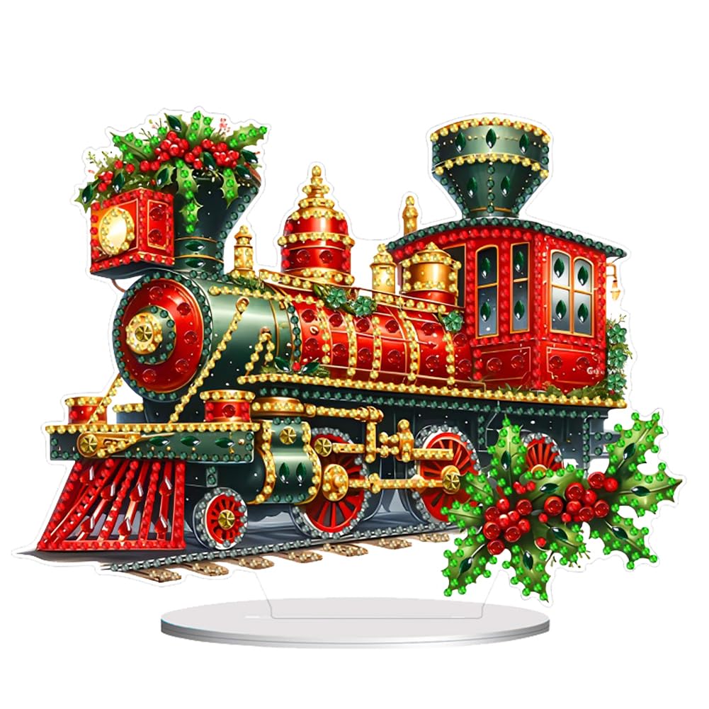 POETRYDRAW Diamond Art Ornament Desktop Kit Christmas Train, DIY Stand Up Acrylic Diamonds Painting Ornament for Adults, 5D Special Diamond Gem Craft Tabletop Placement Board Kit POETRYDRAW
