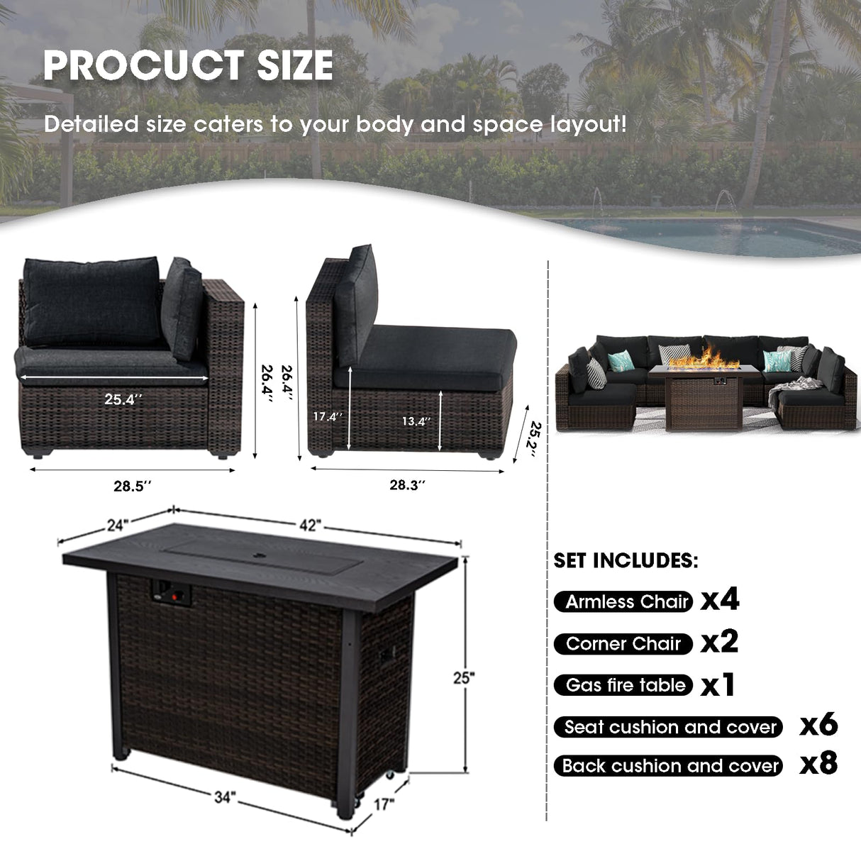 Grezone 7 Piece Patio Furniture Set with 44" Fire Pit Table, Outdoor Sectional Couch, PE Rattan Patio Conversation Sets with 4inch Cushions for Backyard Black (BK) Grezone