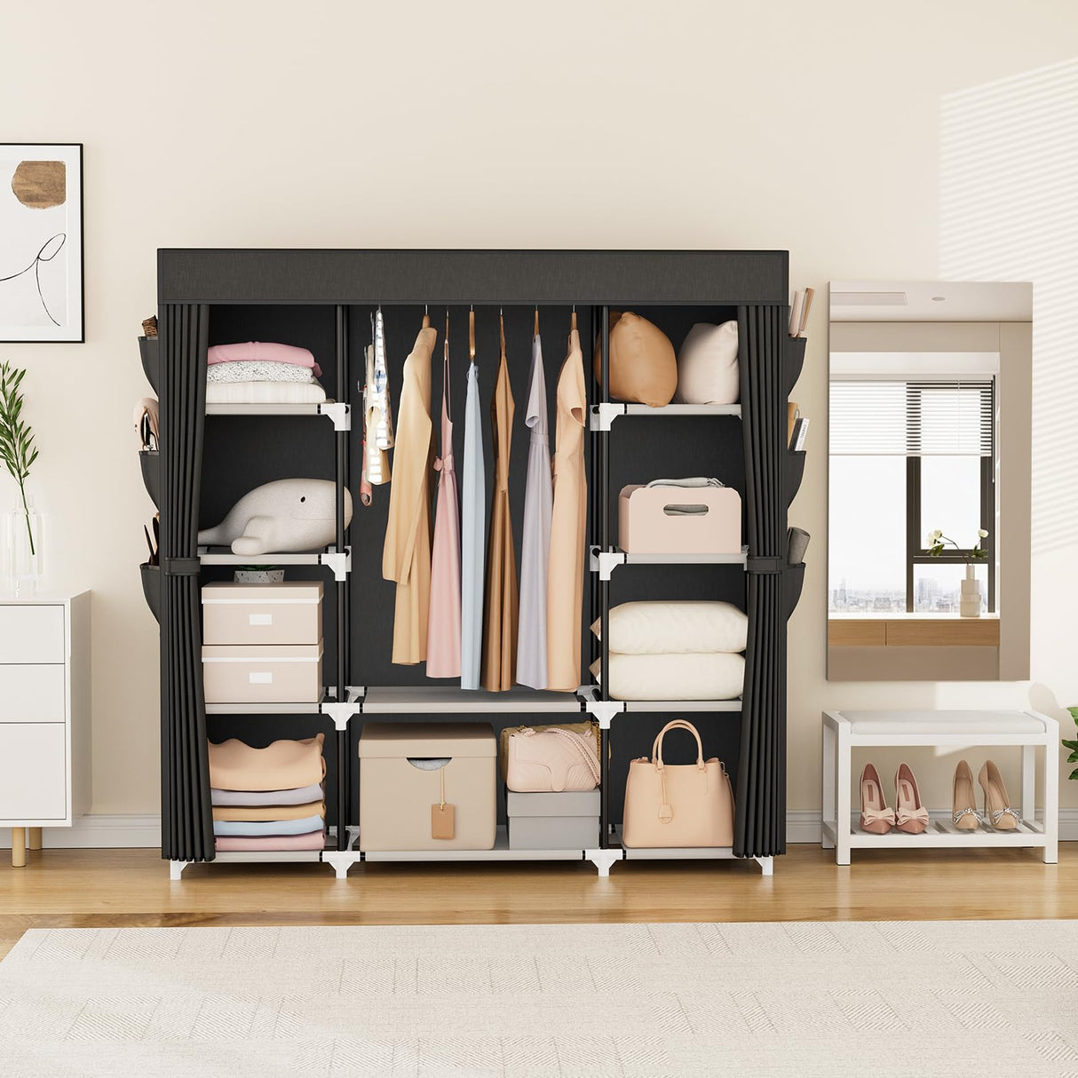 VTRIN Portable Closet Wardrobe for Hanging Clothes 57.3 Inch Large Capacity Clothes Rack with Cover, 10 Storage Organizer Shelves, 1 Hanging Rods and 6 Pockets, Free Standing Closet for Bedroom, Black VTRIN