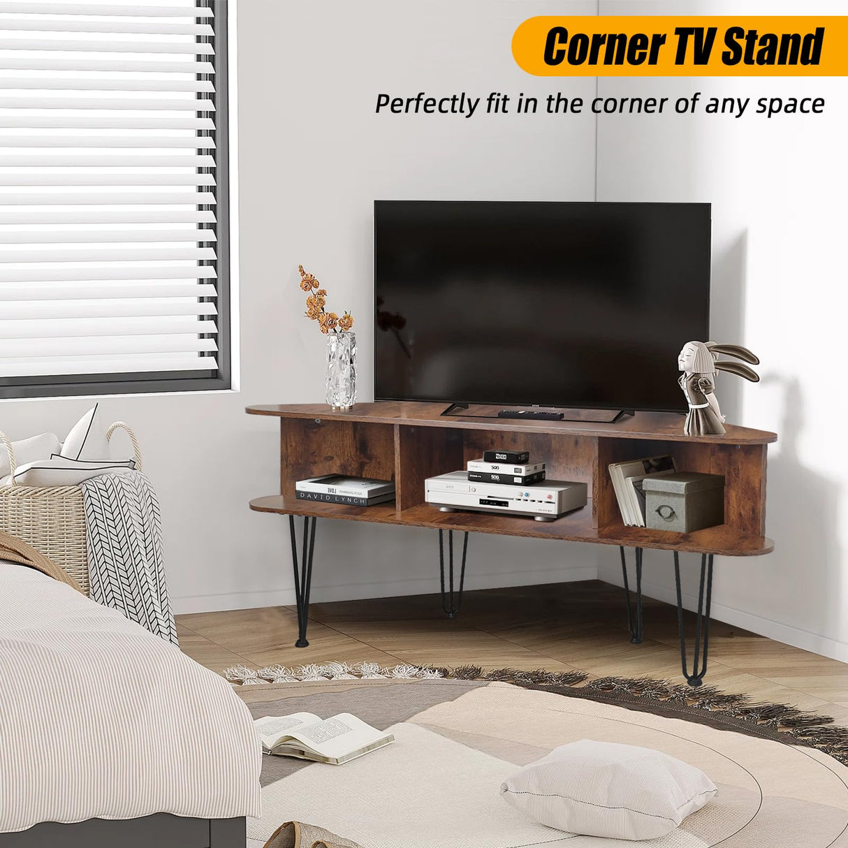 Corner TV Stand for 55 inch TV, Corner TV Stand for Living Room, Industrial TV Stand with Storage, Corner Entertainment Center with High Metal Feet and Anti-Slip Pads, 45 Inch, Rustic Brown Ciao Stilista