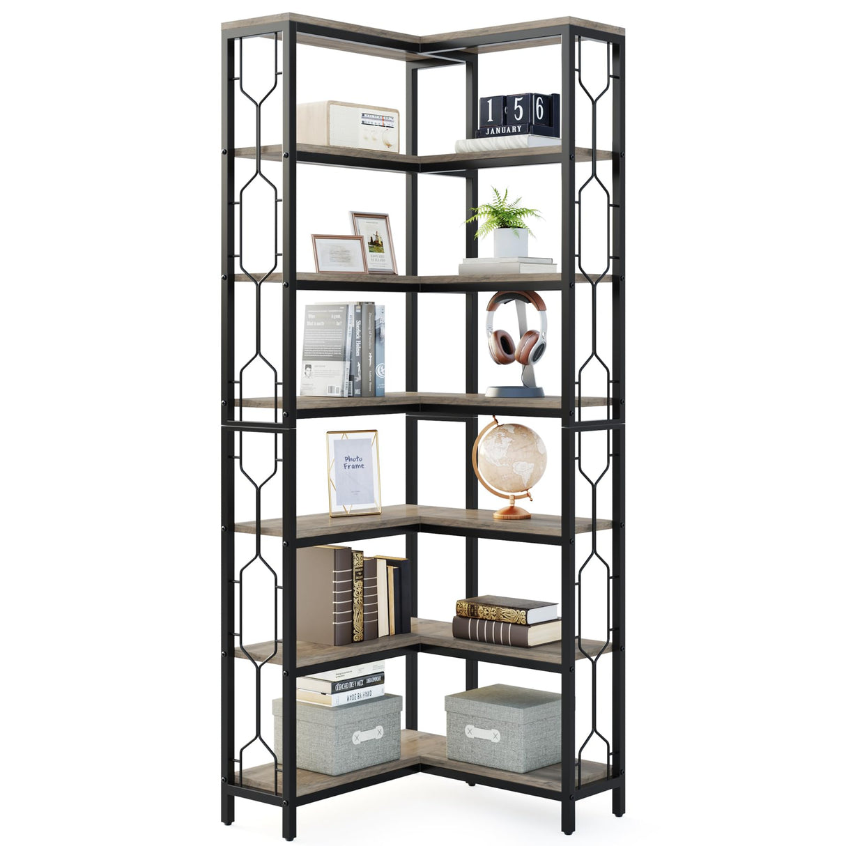 LITTLE TREE Bookshelf, 7-Tier Bookcase, Tall Book Shelf Modern Book Case for Books, Garage Kit, CDs, Movies, Industrial Corner Storage Organizer for Bedroom Home Office Kitchen Living Room, Grey LITTLE TREE