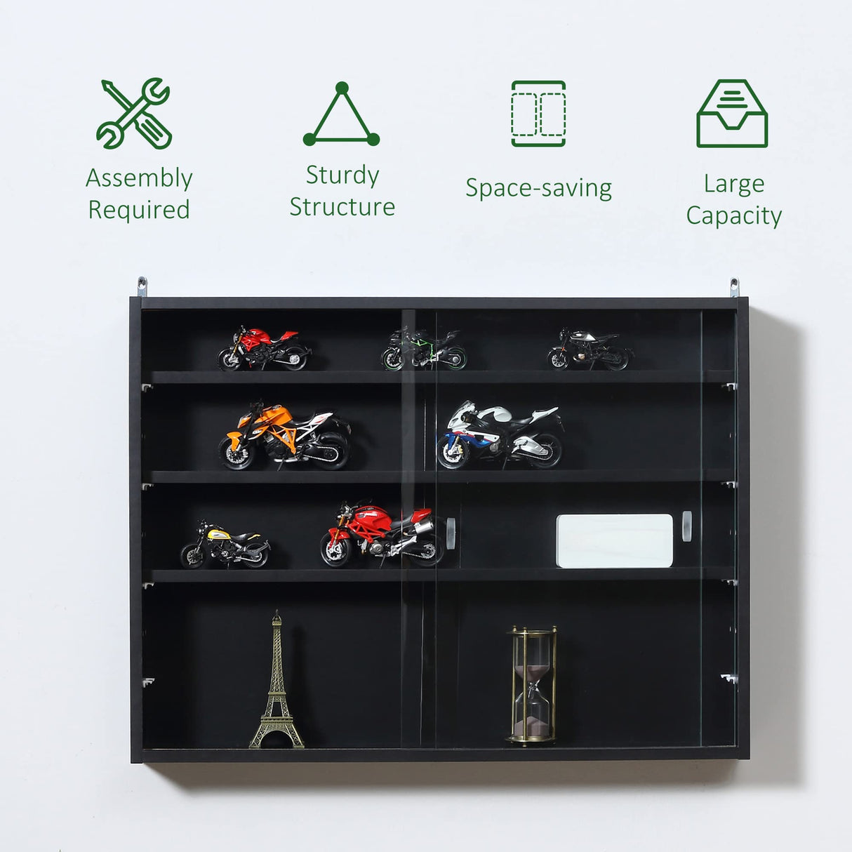 HOMCOM 5-Tier Display Cabinet, Glass Door Cabinet with Adjustable Shelves, Wall-Mounted Display Case for Playroom, Bedroom, Black HOMCOM