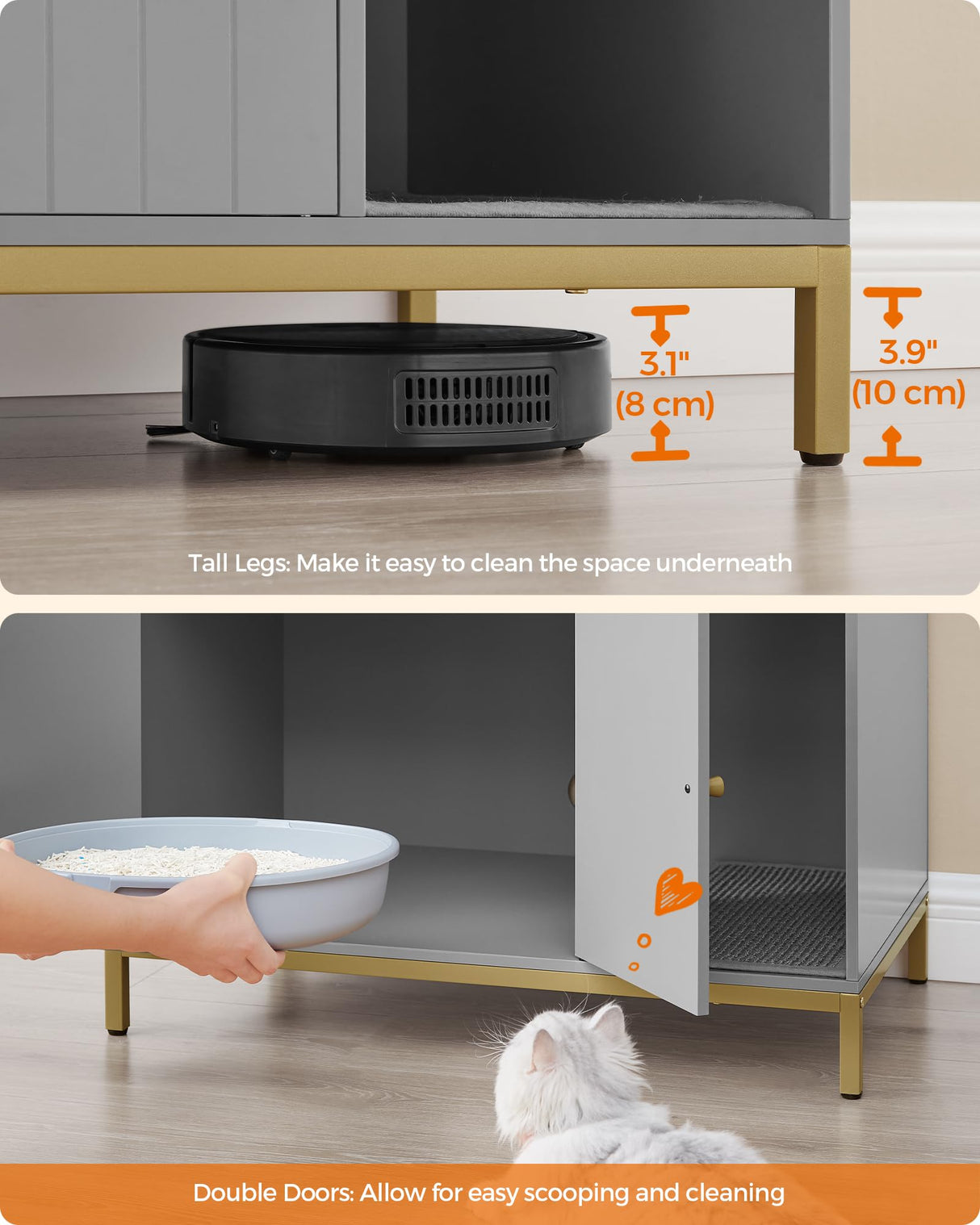 Feandrea Litter Box Enclosure, Modern Cat Litter Box Furniture Hidden, with Scratching Mat, Tall Legs, Cat House, Side End Table, 31.5 x 19.7 x 21.7 Inches, Dove Gray and Gold UPCL007H01 Feandrea