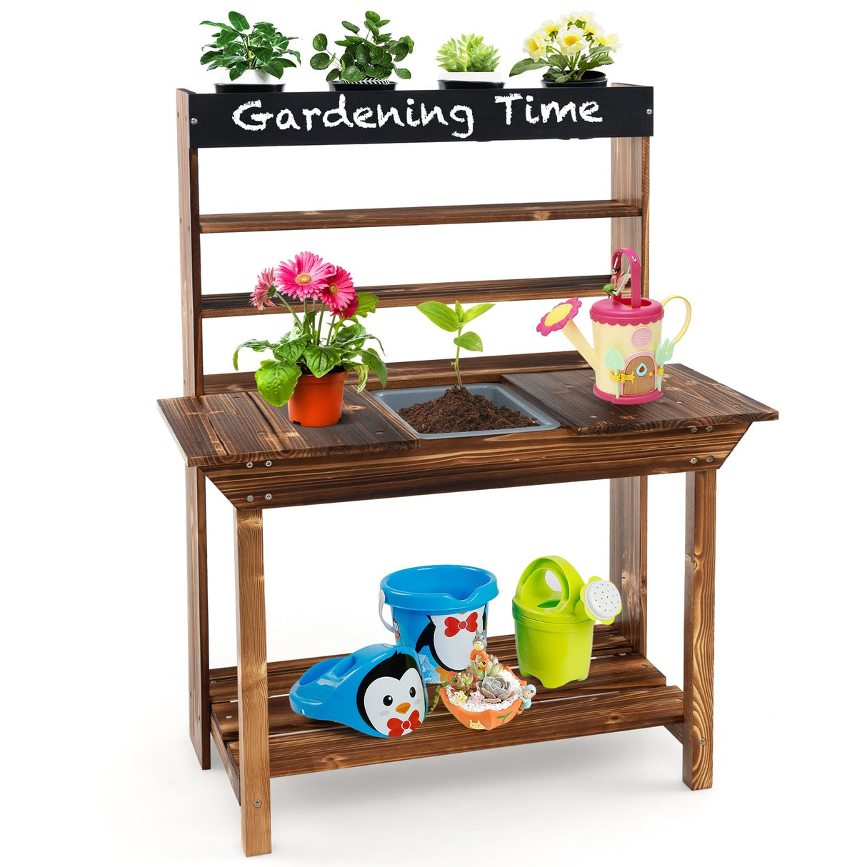 HONEY JOY Kids Potting Bench Table, Fir Wood Garden Potting Benches for Outside, Removable Sink, 4 Flower Pots, Chalkboard, Children Planting Table Work Bench, Mud Kitchen for Kids Outdoor Backyard HONEY JOY