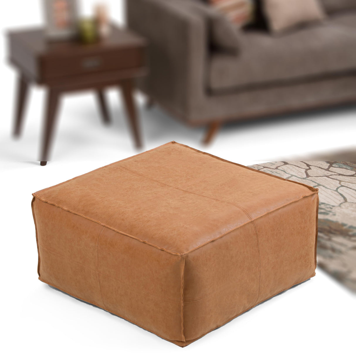 SIMPLIHOME Brody 30-inch Wide Large Square Coffee Table Pouf in Distressed Brown, Vegan Faux Leather Ottoman, Footrest, or Extra Seating for Living Room, Assembled SIMPLIHOME