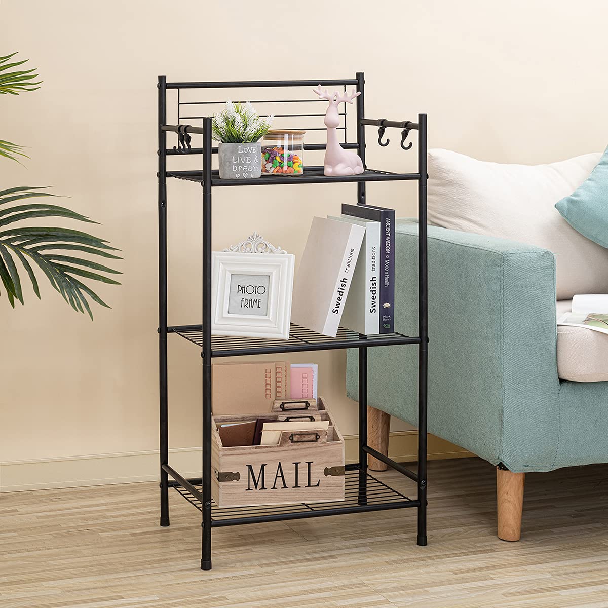 L&H UNICO 3-Shelf Tier Standing Unit Storage Wire Shelving Multipurpose Rack Organizer with 4-Hooks for Bathroom Laundry Kitchen Office, Black L&H UNICO