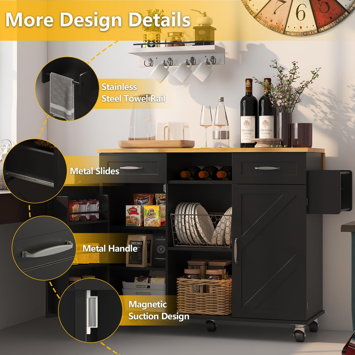 knoworld 51.5'' Rolling Kitchen Island with Storage Cabinet & Drawers, Drop Leaf Kitchen Cart on Wheels, Farmhouse Portable Mobile Islands, Large Butcher Block Table with Tower/Spice Rack, Black knoworld