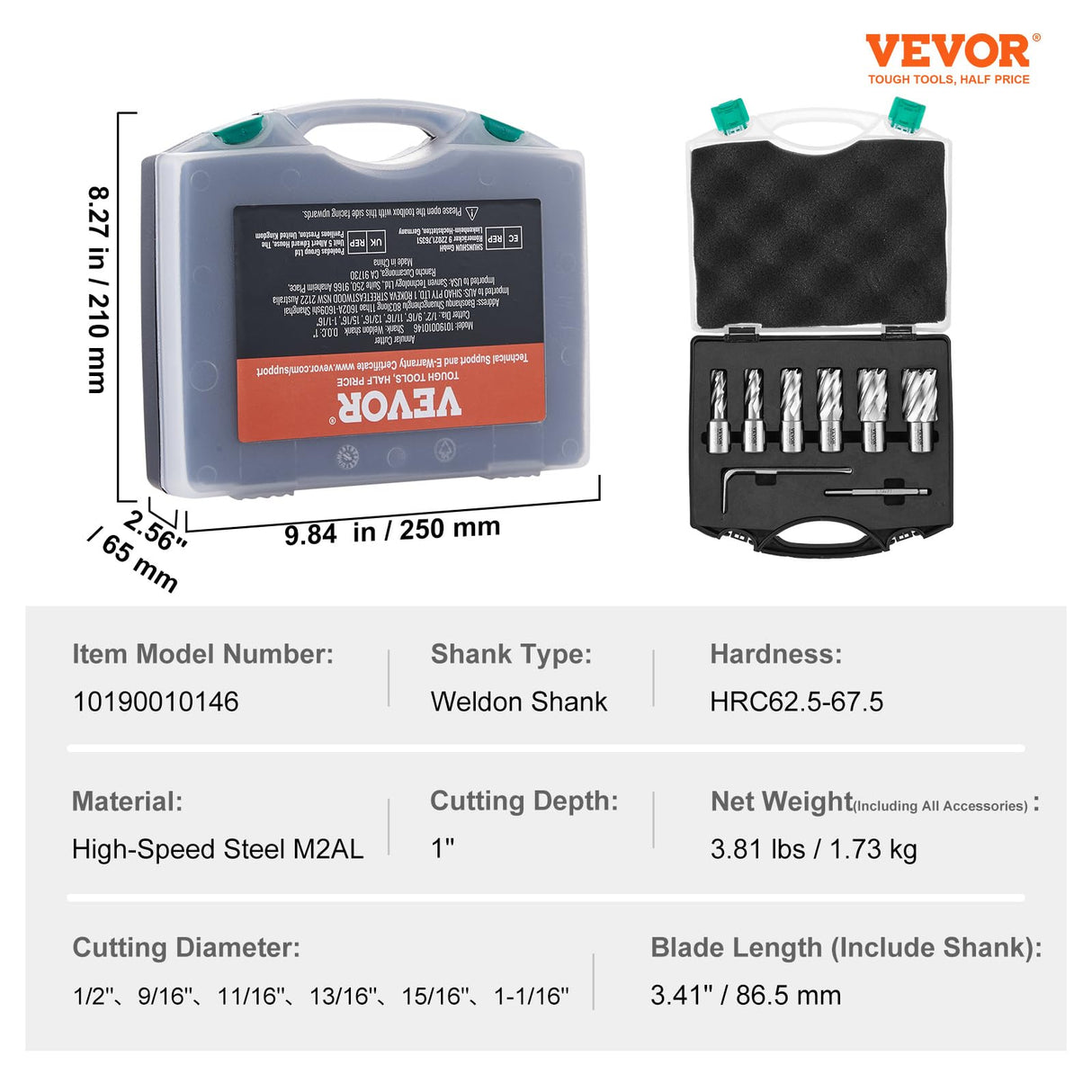 VEVOR Annular Cutter Set, 6 pcs Weldon Shank Mag Drill Bits, 1" Cutting Depth, 1/2" to 1-1/16" Cutting Diameter, M2AL High-Speed Steel, with Pilot Pin and Portable Case, for Using with Magnetic Drills VEVOR