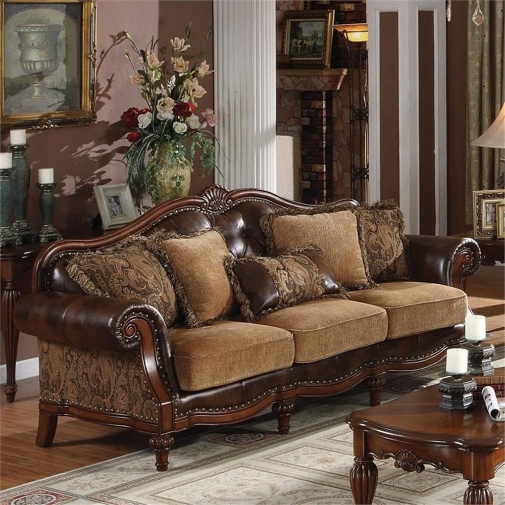 Acme Dreena Rolled Arm Upholstered Faux Leather Sofa with 5 Pillows in Brown Acme