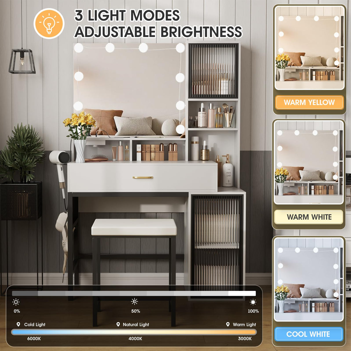 Fameill Vanity with Mirror and Light, Makeup Vanity Desk with 3 Color Lighting, White Vanity with Charging Station and Clothes Hook, Large Vanity Set with Lots Storage, Black Metal Frame Fameill