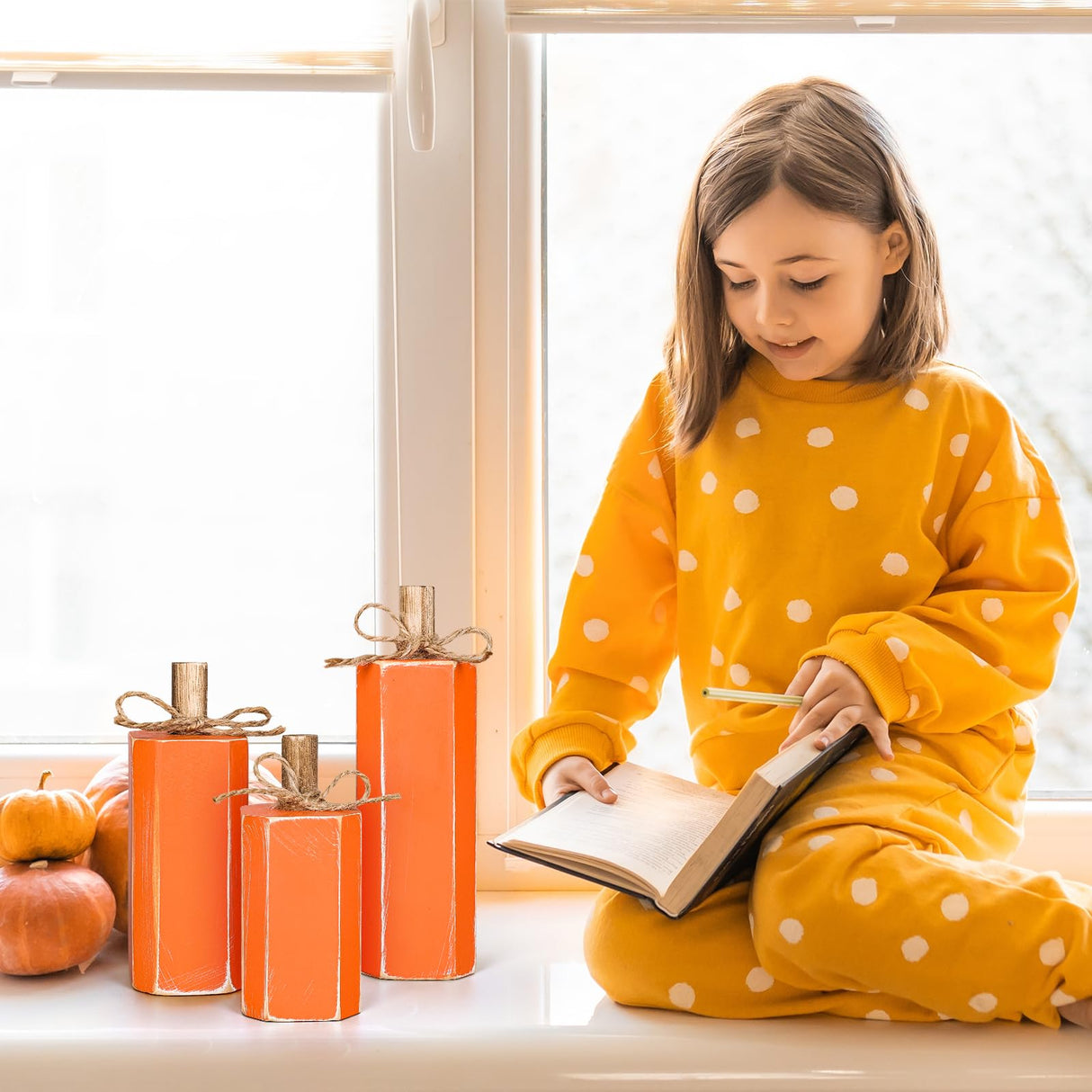 Whaline 3Pcs Fall Wooden Signs Table Decor Rustic Autumn Farmhouse Centerpiece Orange Block Wood Sign Thanksgiving Party Tabletop Decor with Hemp Rope for Fall Harvest Home Tiered Tray Decor Whaline