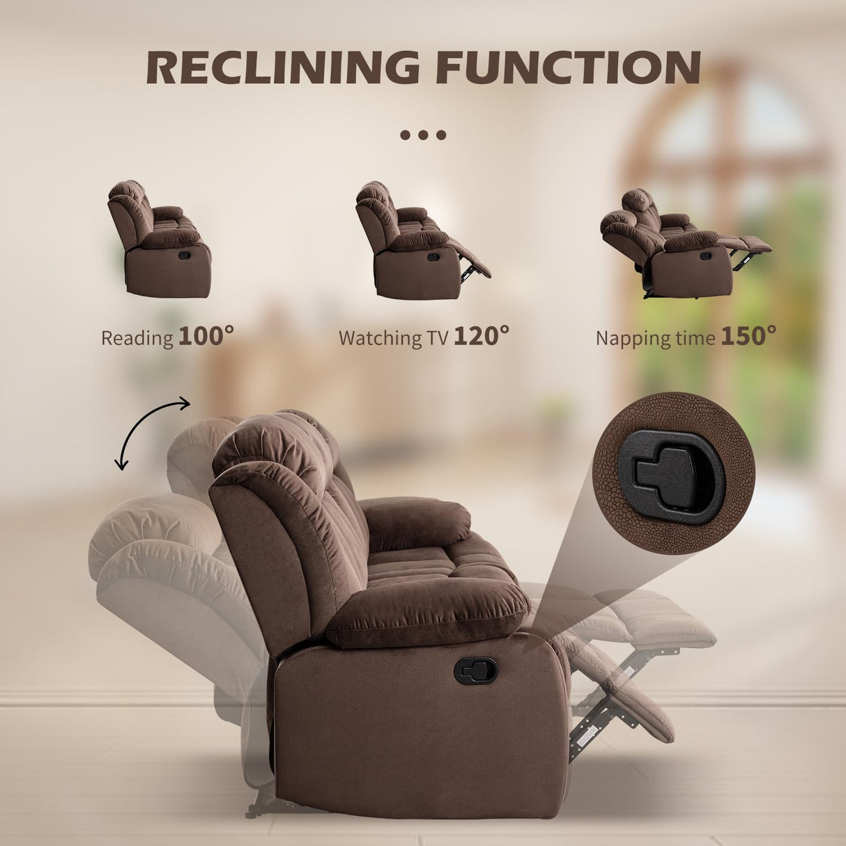 INZOY Manual Reclining Sofa Set, Included Wall-Hugger 2 Seat Recliner Loveseat and Wall-Hugger 3 Seat Recliner Sofa Coach, Modern 3 Reclining Sofa Couch for Living Room Furniture, Brown, 2+3 INZOY
