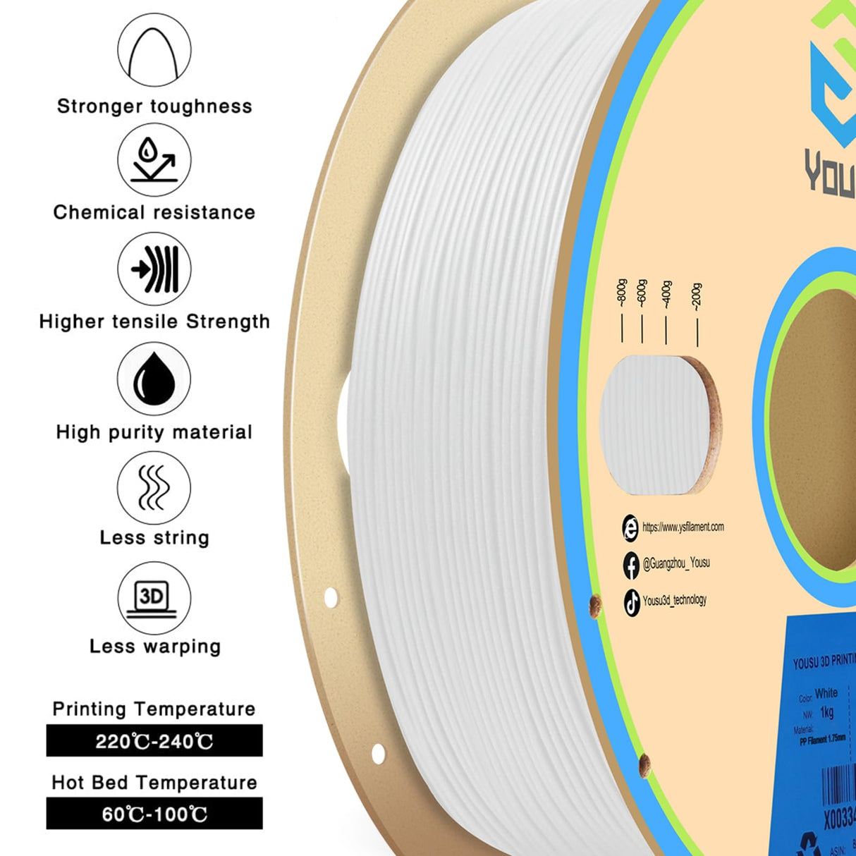 YOUSU Polypropylene PP Filament, 1.75mm 3D Printer Filament for FDM 3D Printers, 1kg (2.2lbs) 5 Pcs Build Sheet Included, Semi-Flexible Ultra Tough Filament, White Yousu