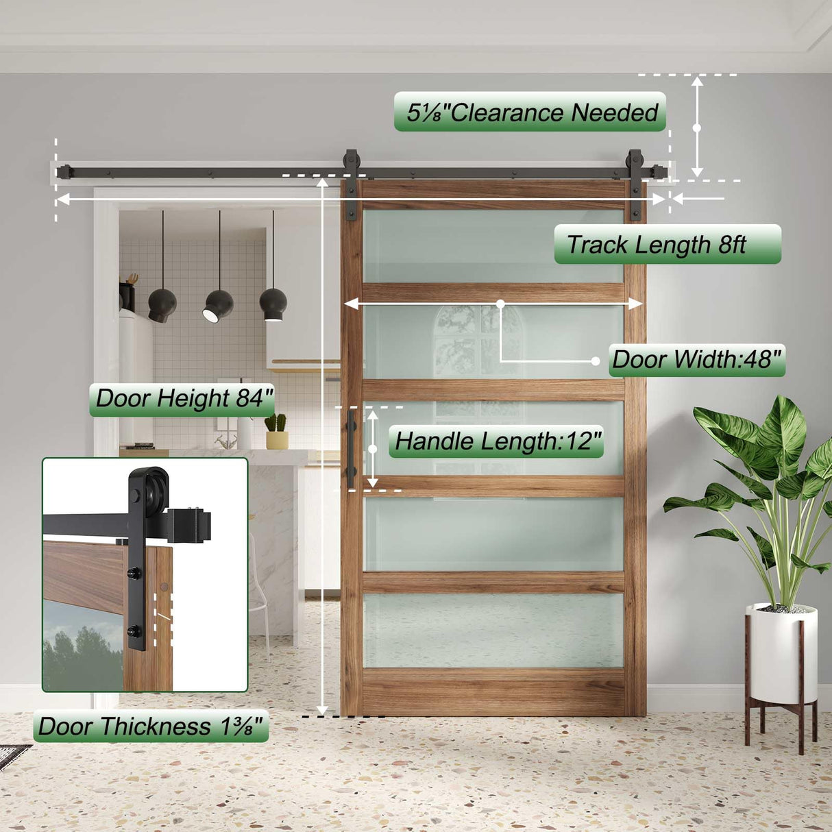 FREDBECK 48 x 84 inch Glass Barn Door with 8FT Barn Door Hardware Kit Included,5-Panel Frosted Glass,Wood Panel, Water-Proof Surface,Pre-Drilled Holes,Need Assembly,Fit 45in-47in Opening FREDBECK