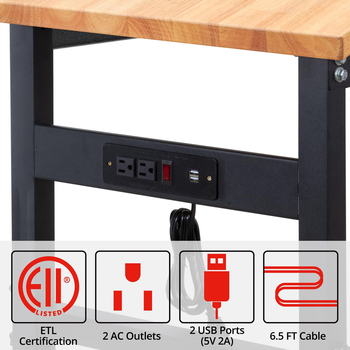48" Adjustable Workbench, Rubber Wood Top Heavy-Duty Workstation, 2000 LBS Load Capacity Hardwood Worktable with Power Outlets for Garage, Workshop, Office, Home HONRISE