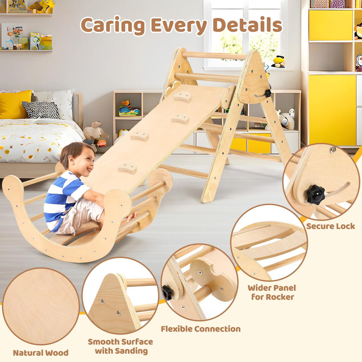 YOLEO Pikler Triangle Set, Foldable 7-in-1 Montessori Climbing Set Fun Baby Pickler-3 Piece Climbing Jungle Gym and Indoor Playground Climbing Toys for Toddlers 1-3 Inside (Natural, Standard Version) YOLEO