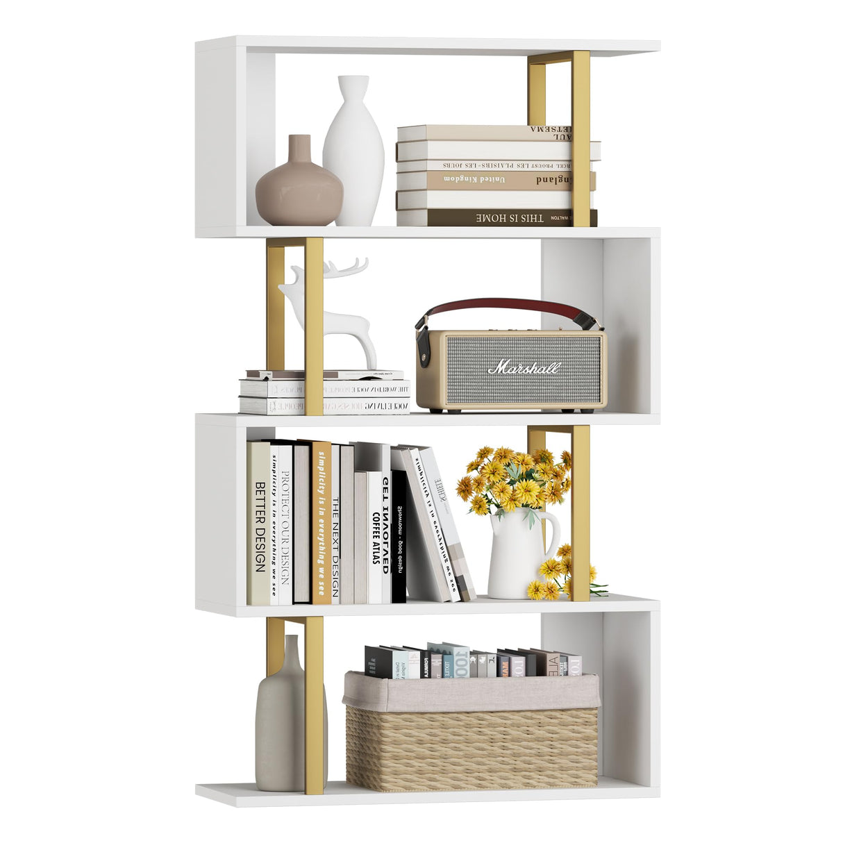 Yusong Geometric Bookcase, S Shaped Bookshelf 4-Tier Book Shelves for Bedroom, Modern Wood Decorative Display Shelf Tall Book Case for Home Office, Gold and White Yusong