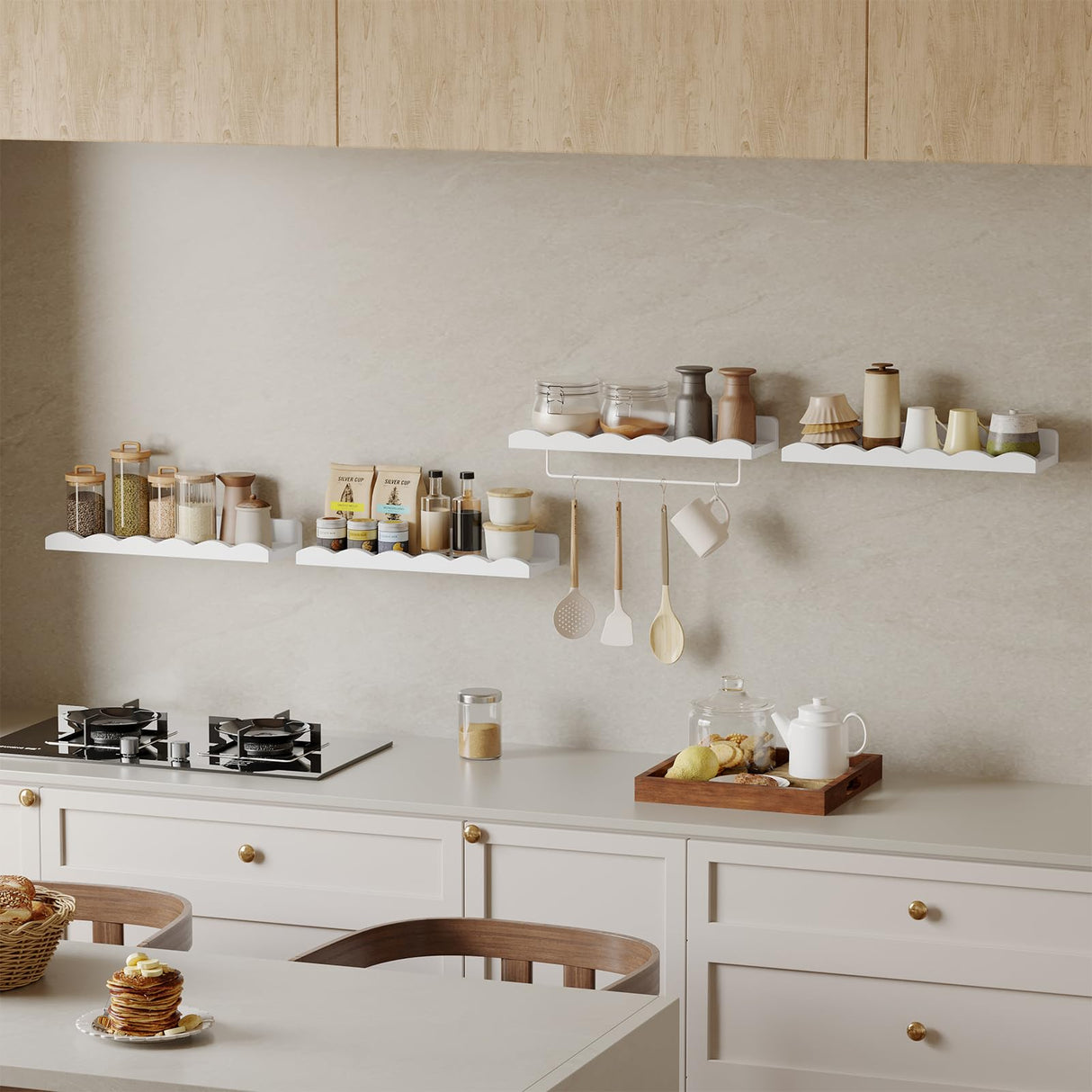 Fixwal Nursery Shelves, 16.5 Inch Floating Bookshelves for Wall Set of 4, Scalloped Wall Book Shelves with Towel Rack for Kids, Toddler Room, Baby Room, Nursery Decor and Storage(White) Fixwal