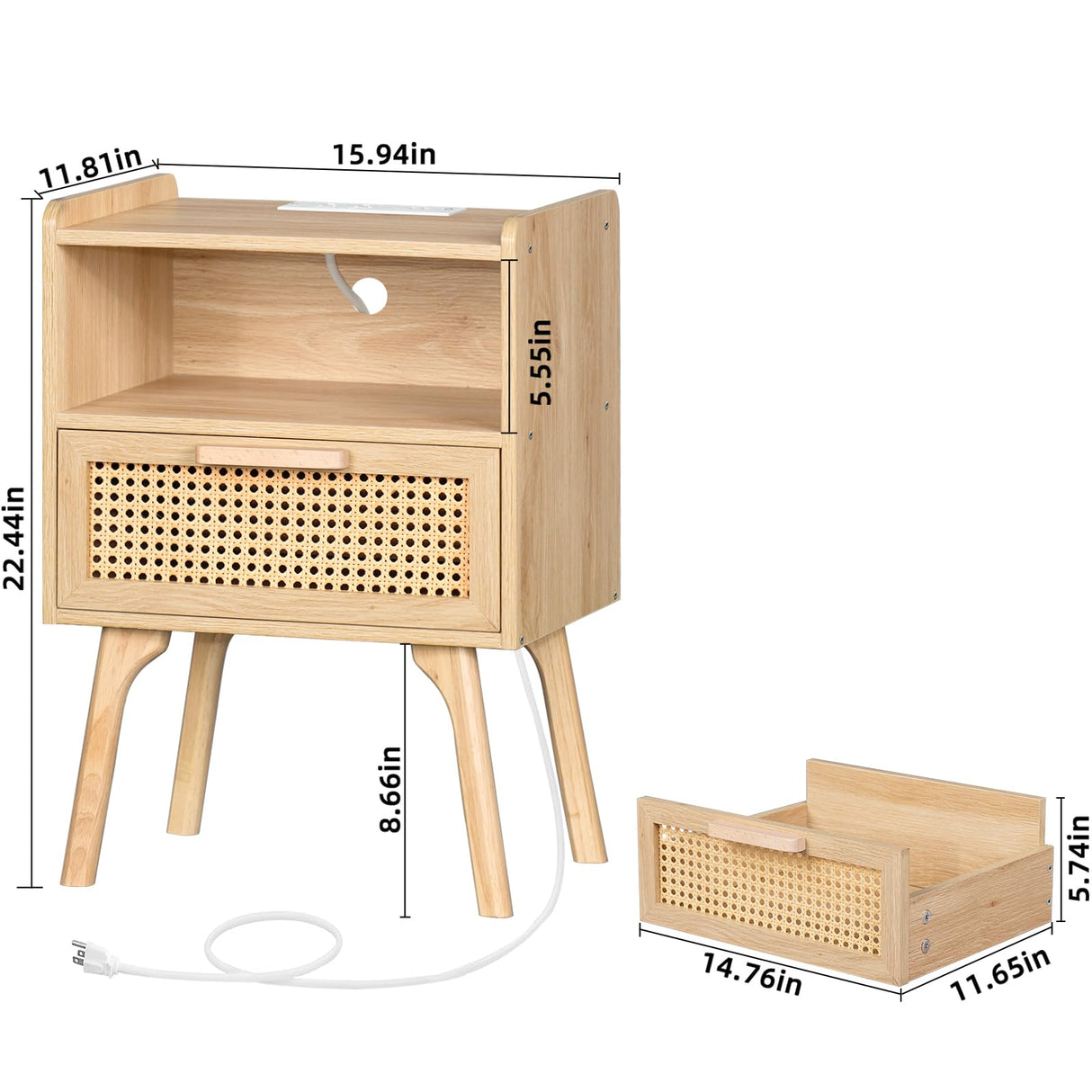 Lerliuo Rattan Nightstands Set of 2 with Charging Station, Boho Side Table with Drawer Open Shelf, Cane Accent Bedside End Table with Solid Wood Legs for Bedroom, Dorm and Small Spaces (Natural) Lerliuo