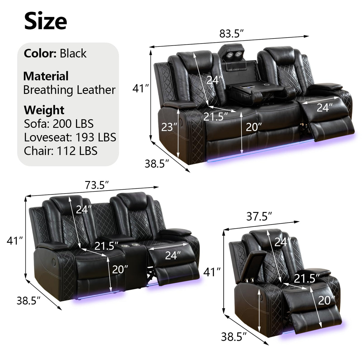JBXBER Power Recliner Sofa Set with LED Lights, Power Reclining Sofa Set with Cup Holder, Storage Console, Faux Leather Couch for Home Theater Seating(Sofa, Loveseat and Chair,Black) JBXBER