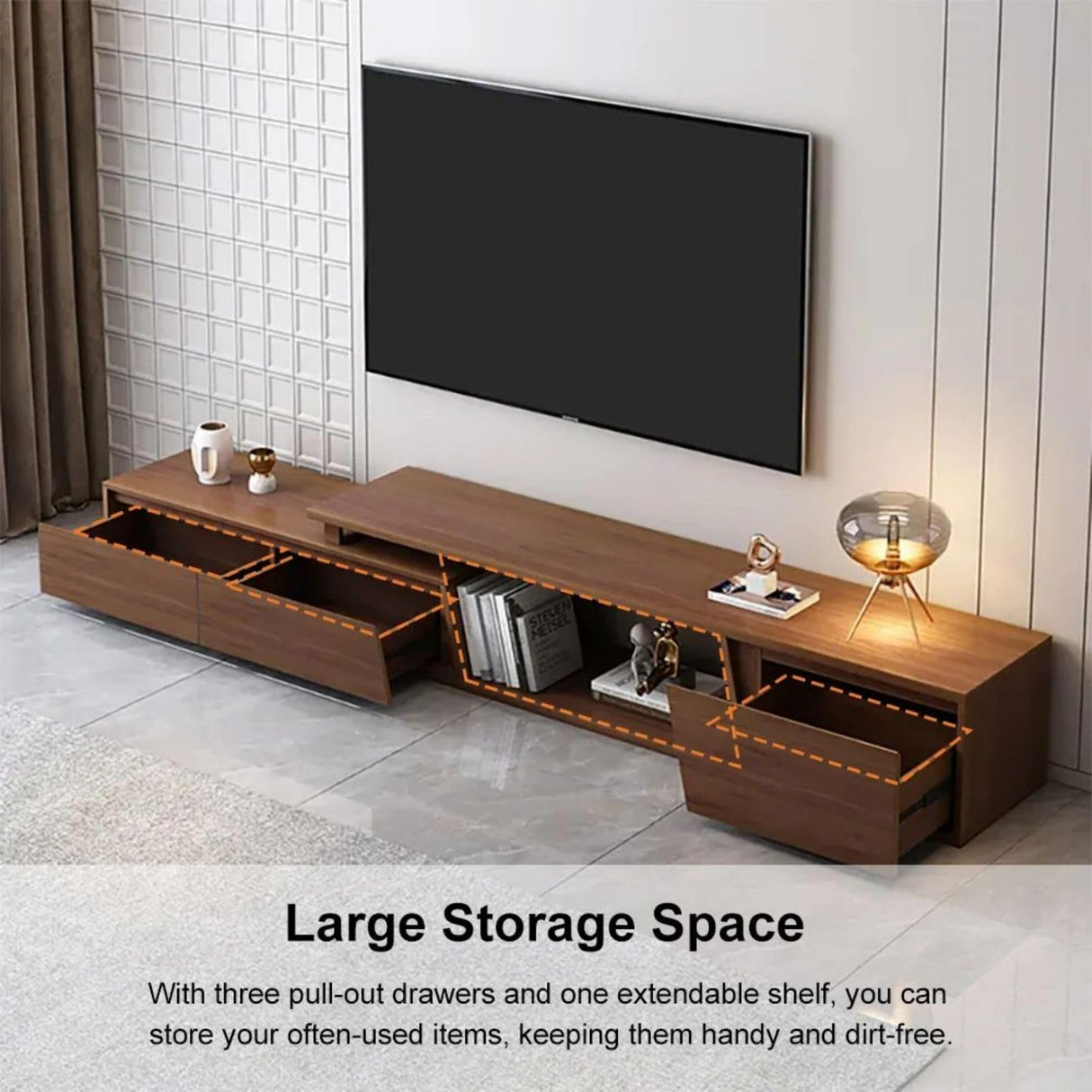 homary Extendable TV Stand with 3 Drawers Minimalist Rectangle Entertainment Center Walnut TV Console Table Up to 110" (Extendable: 70.9”W-110.2”W) homary