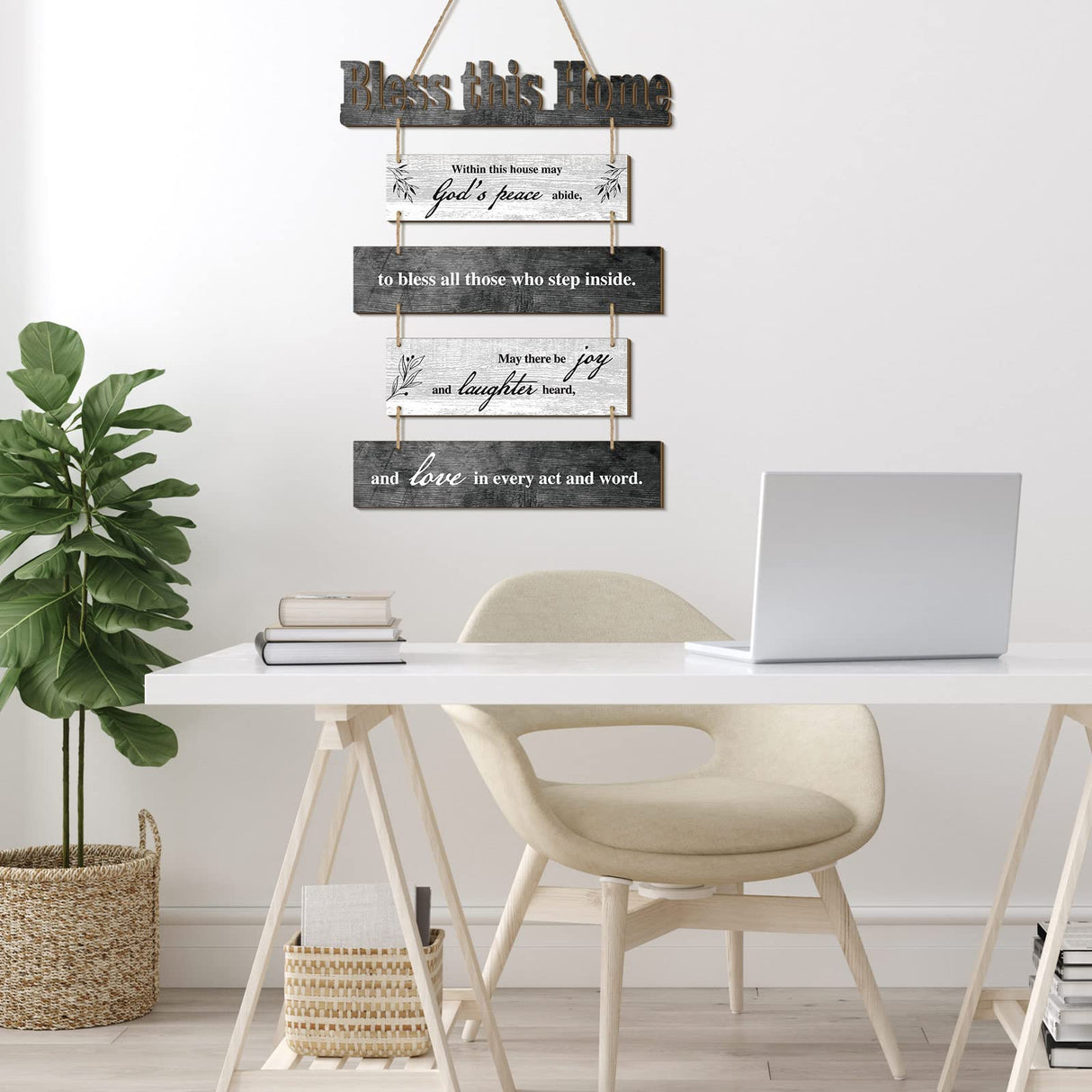 Xuhal Bless This Home Wall Decor Religious House Warming Gift Farmhouse Wooden God Sign Wood Rustic Blessing Plaque for Bedroom Living Room Kitchen Wall Art(Gray White) Xuhal