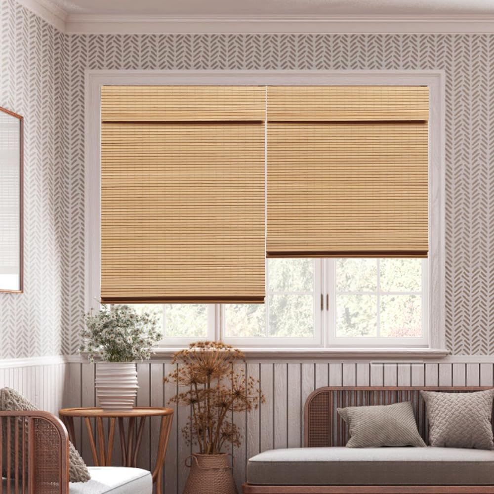 LUCKUP Cordless Bamboo Roman Blinds Shades for Indoor Windows-Blackout Room Darkening Roman Blinds with 6" Valance Cover Enhanced Privacy, 32" W x 64" H LUCKUP