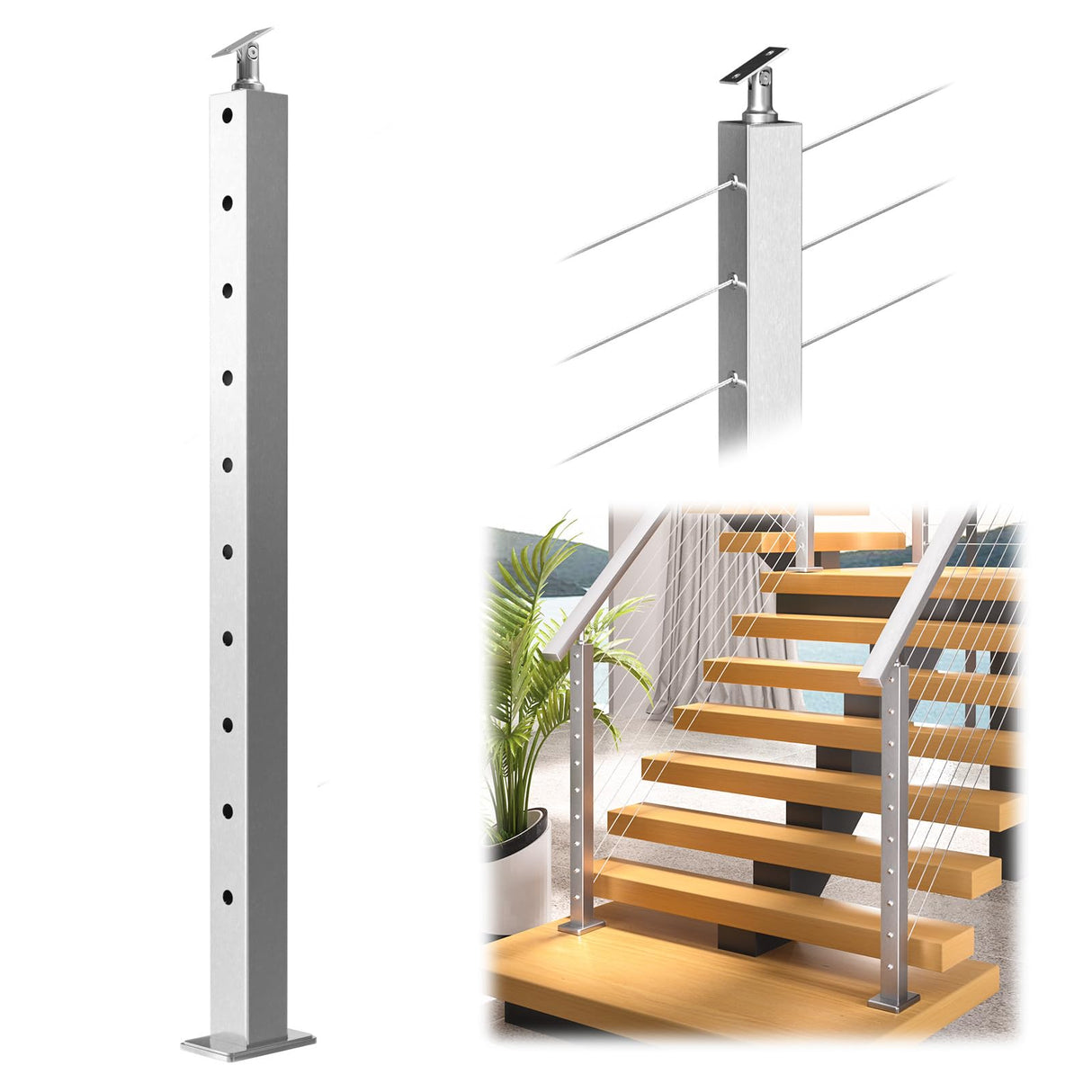 Muzata Stair Cable Railing Post 36 Inch for 25-35 Degrees Stair 36"x2"x2" Surface Mount Brushed T304 Stainless Steel Cable Railing System Kit Indoor Outdoor with Paper User Guide PS01 LA4S Muzata