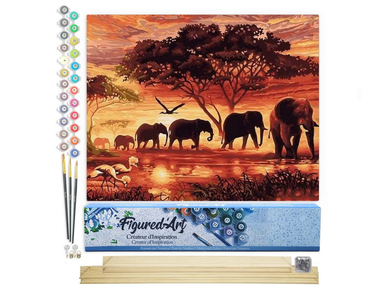 Figured'Art Paint by Numbers Kit for Adults Elephants at Sunset 16"x20" - Craft Art Painting Rolled Canvas with DIY Wooden Frame Figured'Art