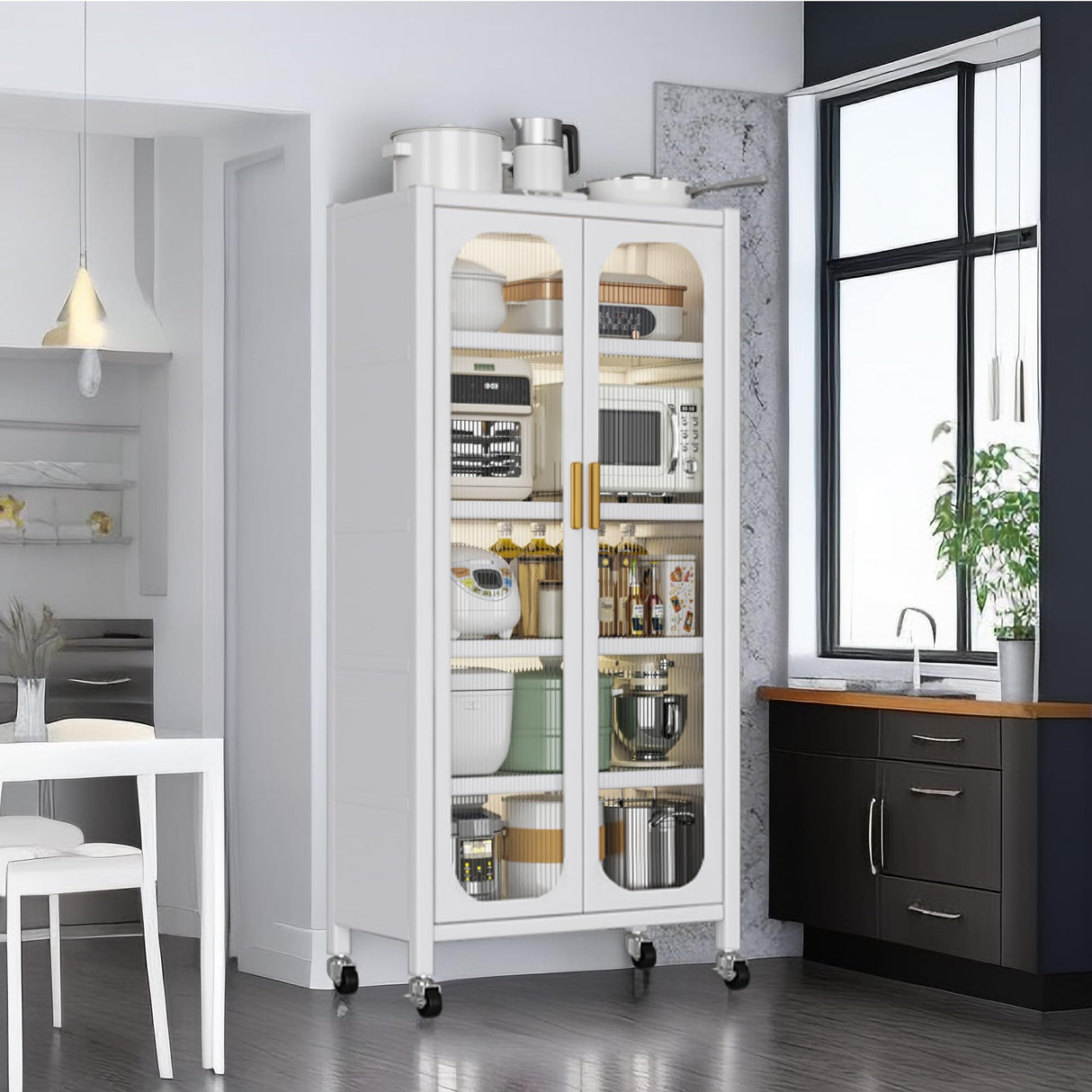 Runboll Kitchen Pantry Storage Cabinet, 6 Tier Metal Sideboard with Wheels and Acrylic Glass Door, Modern Display Curio Cabinet Bookcase White Runboll