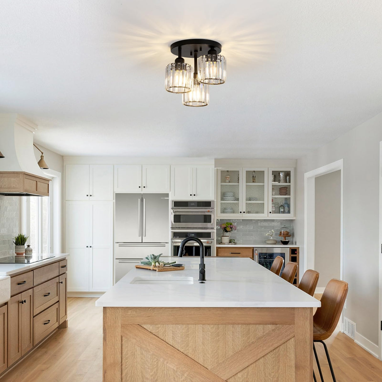 PAUFUL Crystal Semi Flush Mount Ceiling Light,3-Light Modern Close to Ceiling Light Fixtures,Black Kitchen Light Fixtures with Clear Crystal Shade,Hallway Light Fixtures for Hallway Bedroom Bathroom PAUFUL