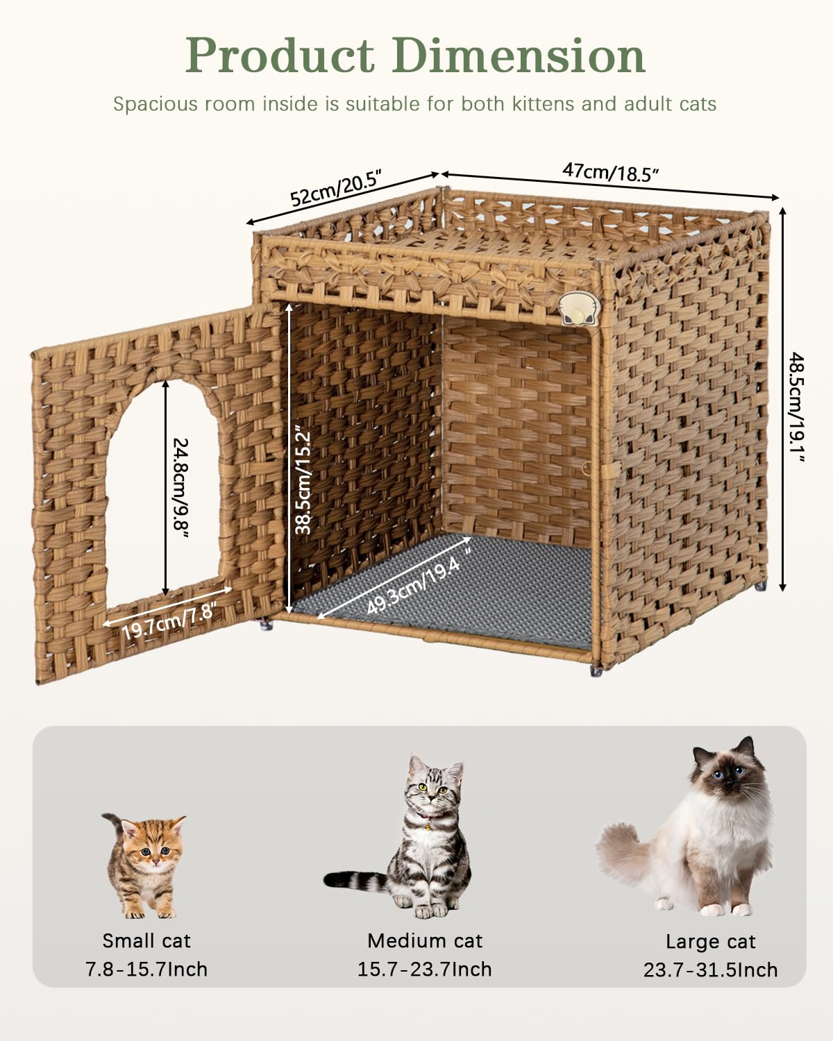 SETVSON Cat Litter Box Enclosure Furniture, Hidden Litter Box with Mat and Fence, Handwoven Rattan Cat House with Two S-Shaped Hooks for Living Room, Bedroom, 18.5 x 20.5 x 19.1 Inches (Natural) SETVSON