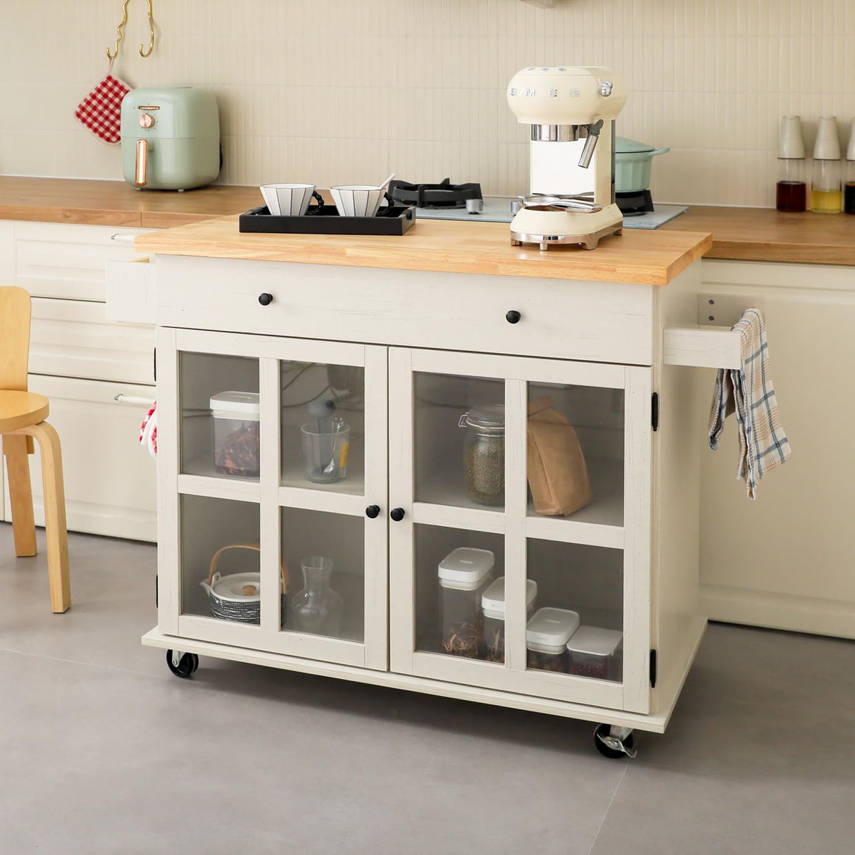 UNDUSLUY Rolling Kitchen Island with Storage on Wheels, 37.4" Island Table for Kitchen with 2 Drawers, Adjustable Shelves, Towel & Spice Racks, Solid Pine Top - Warm Beige UNDUSLUY